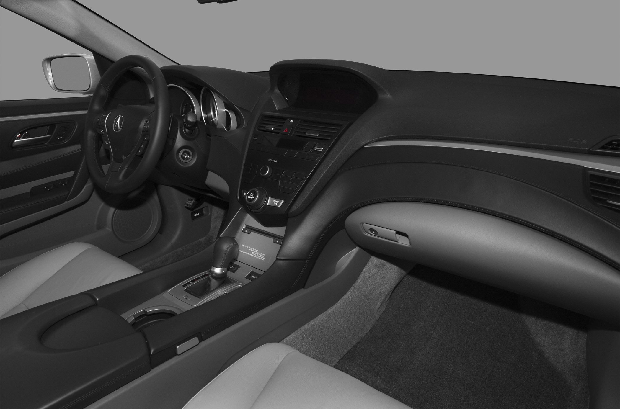 Interior dashboard, steering wheel, and center console