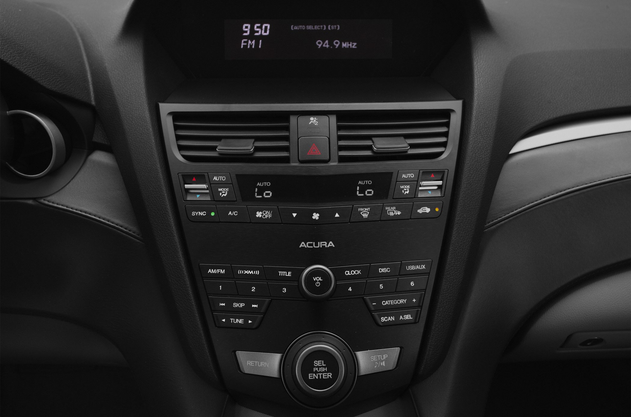 Central climate control and infotainment panel of a car interior