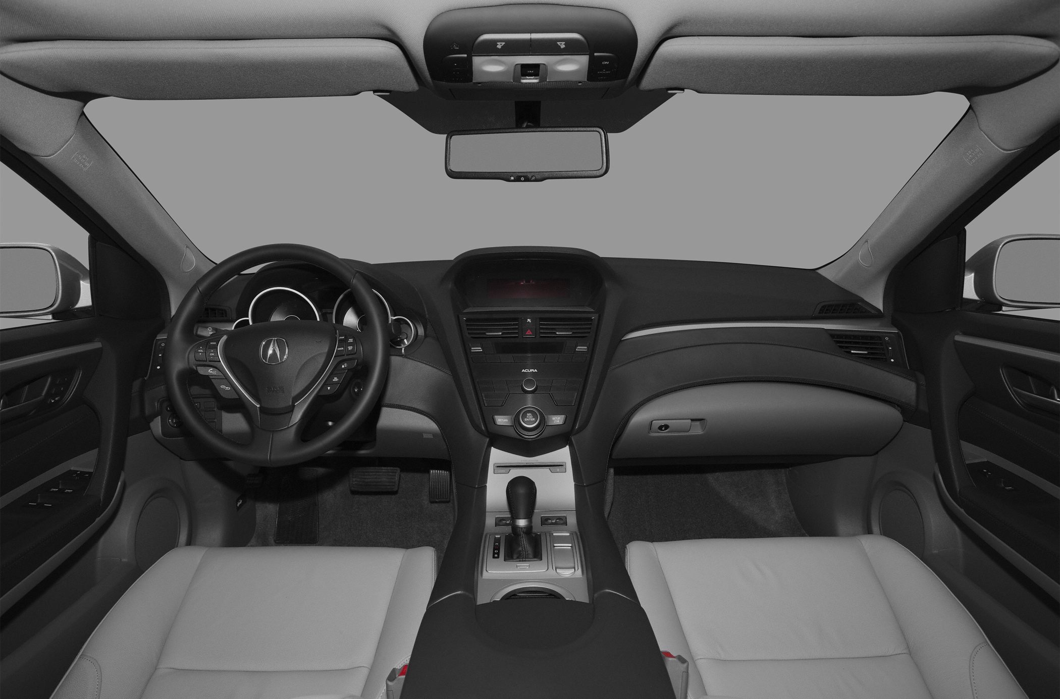 Dashboard, steering wheel with controls, center console, front seats interior