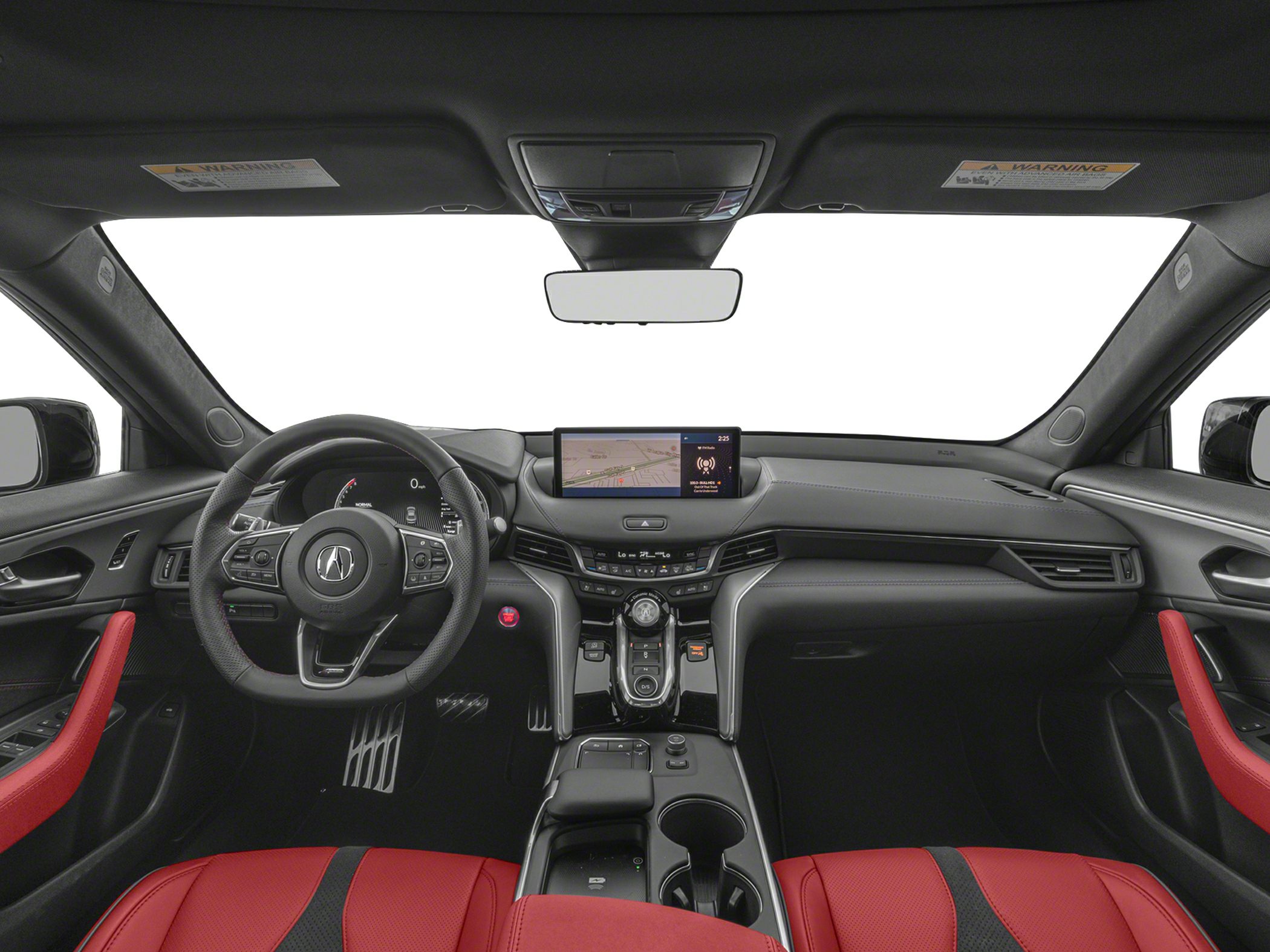 Modern digital dashboard and red leather seats interior