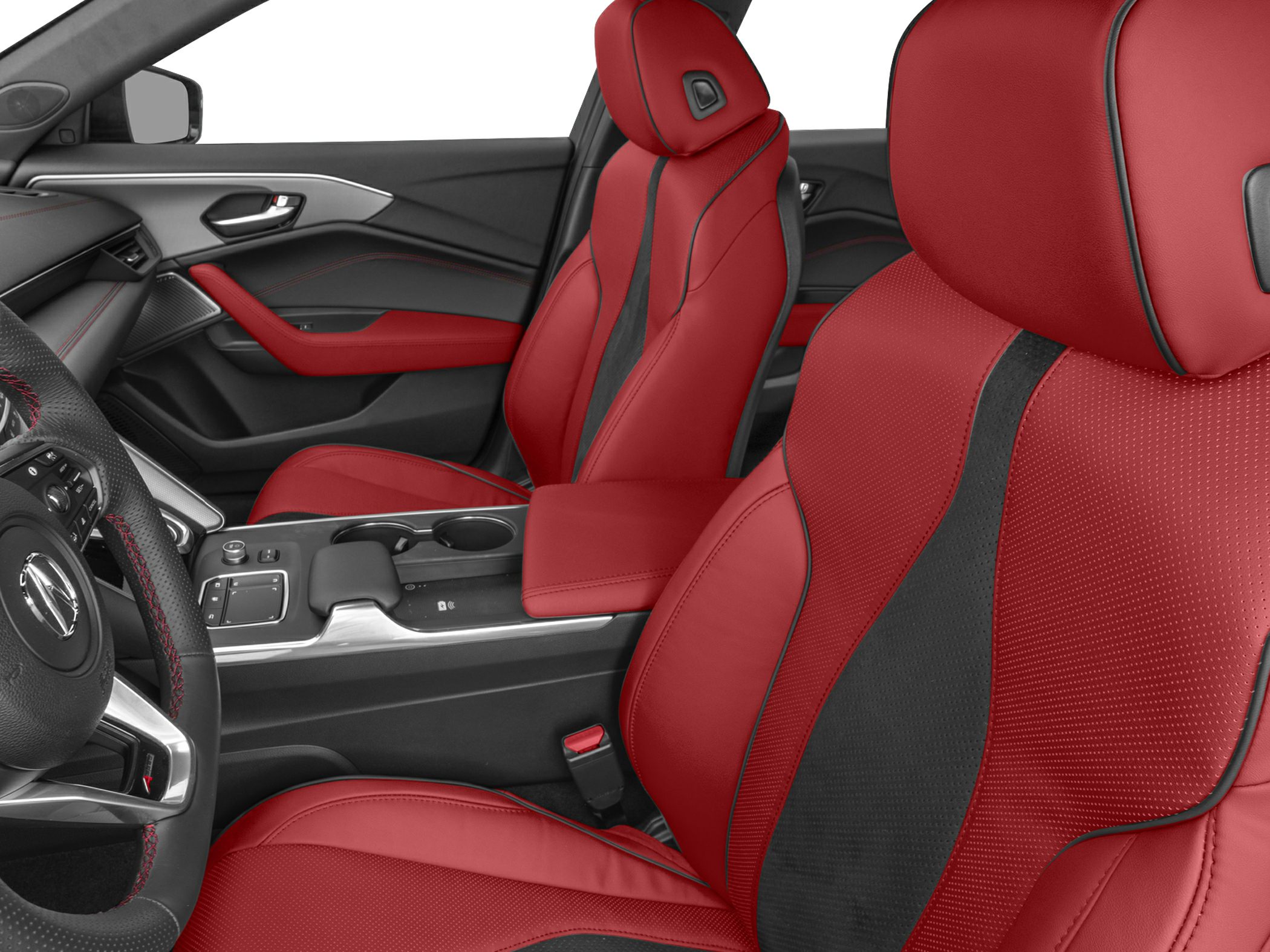 Red and black perforated leather sport seats in modern car interior