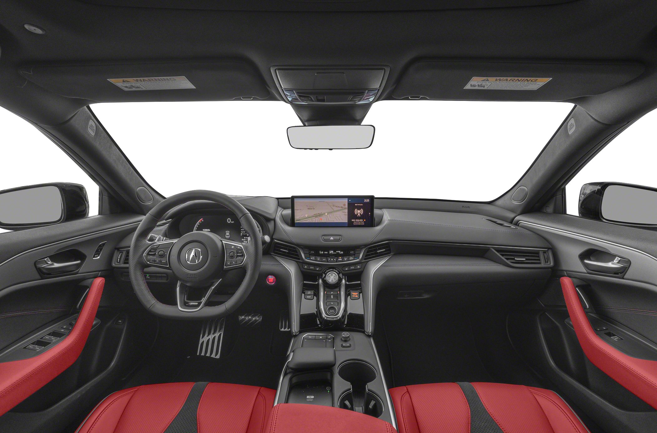 Sporty red seats and digital dashboard interior with central infotainment display