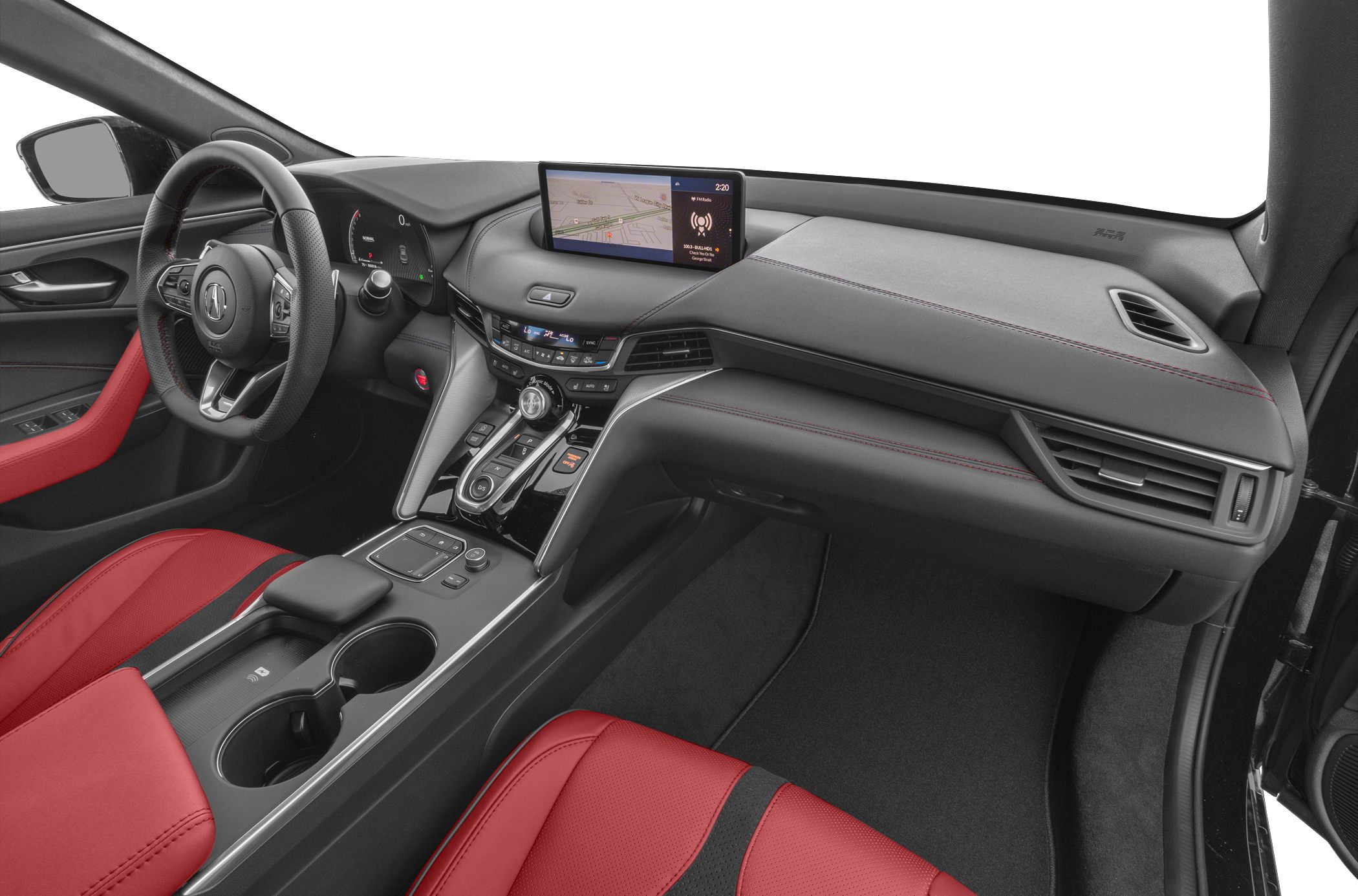 Digital cockpit with touchscreen and red leather seats