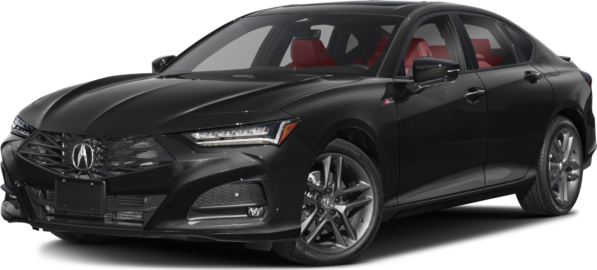 Front angle of black sedan with LED headlights and red interior seats