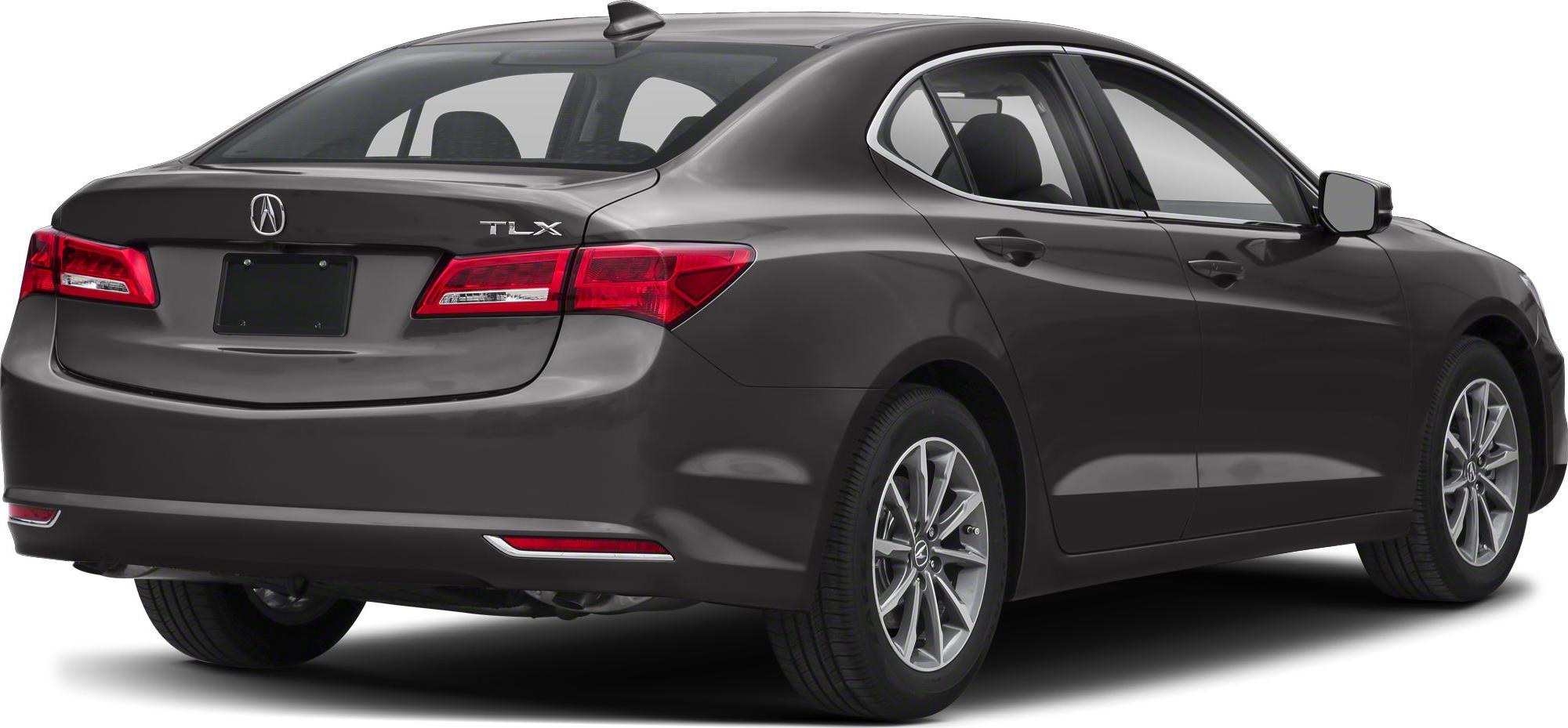 Rear view of sedan with tail lights, trunk, and alloy wheels