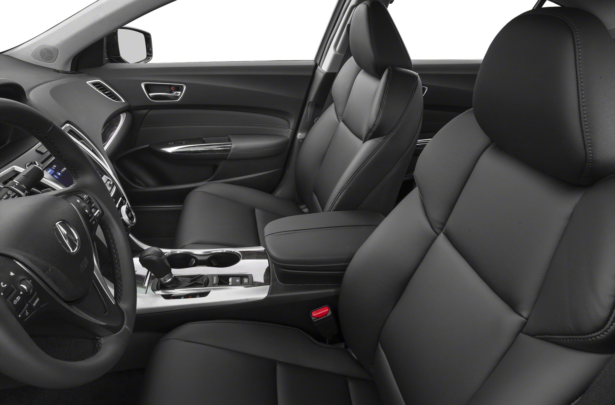 Black leather front seats and modern center console with gear shift