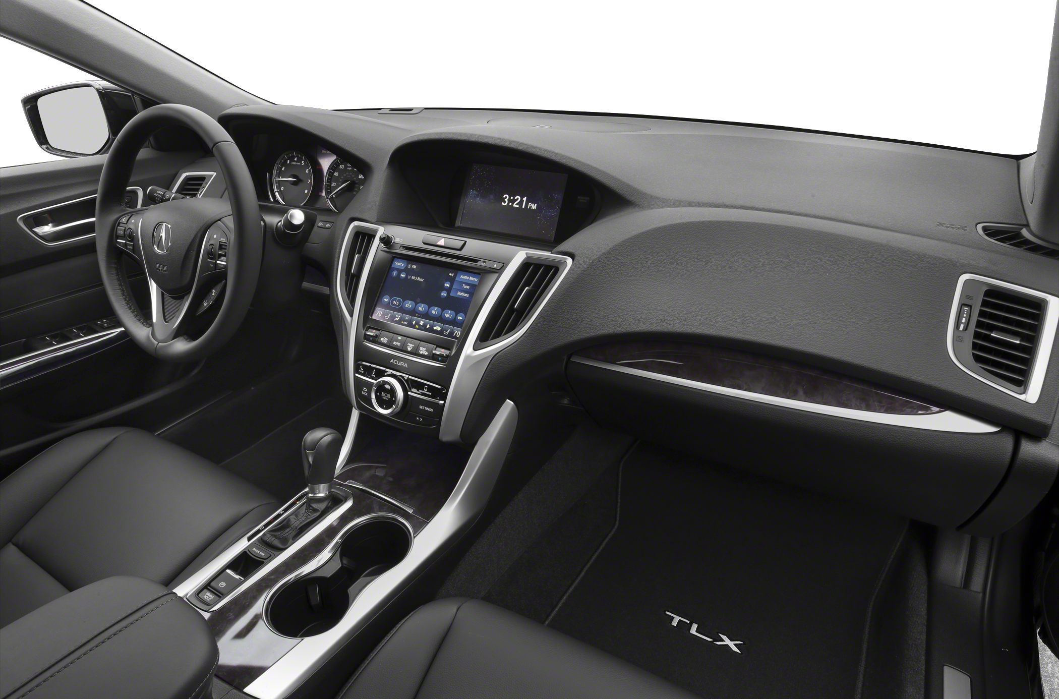Modern dashboard and center console with infotainment system and gear shift