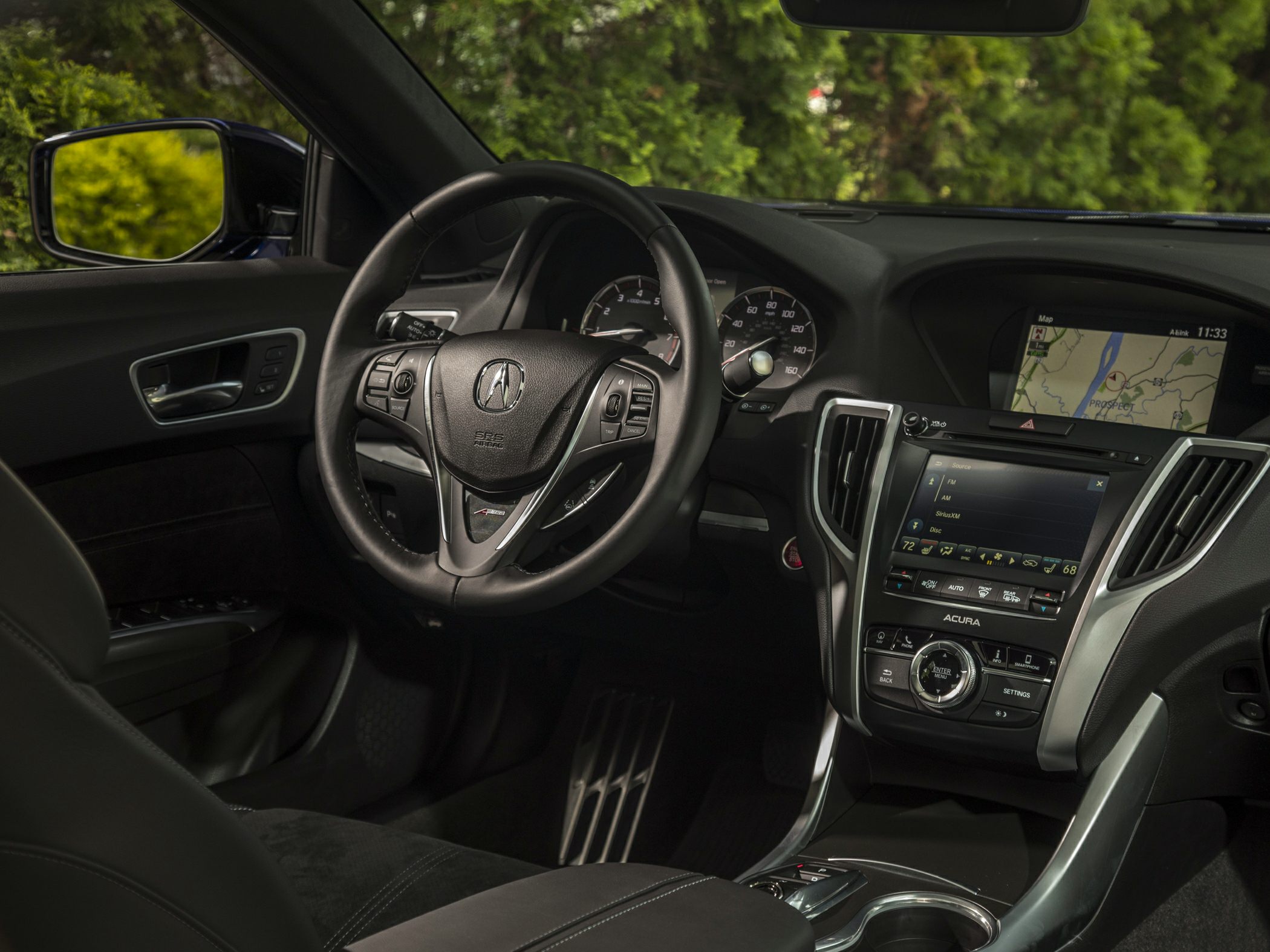 Luxury car dashboard and multifunction steering wheel with navigation screen