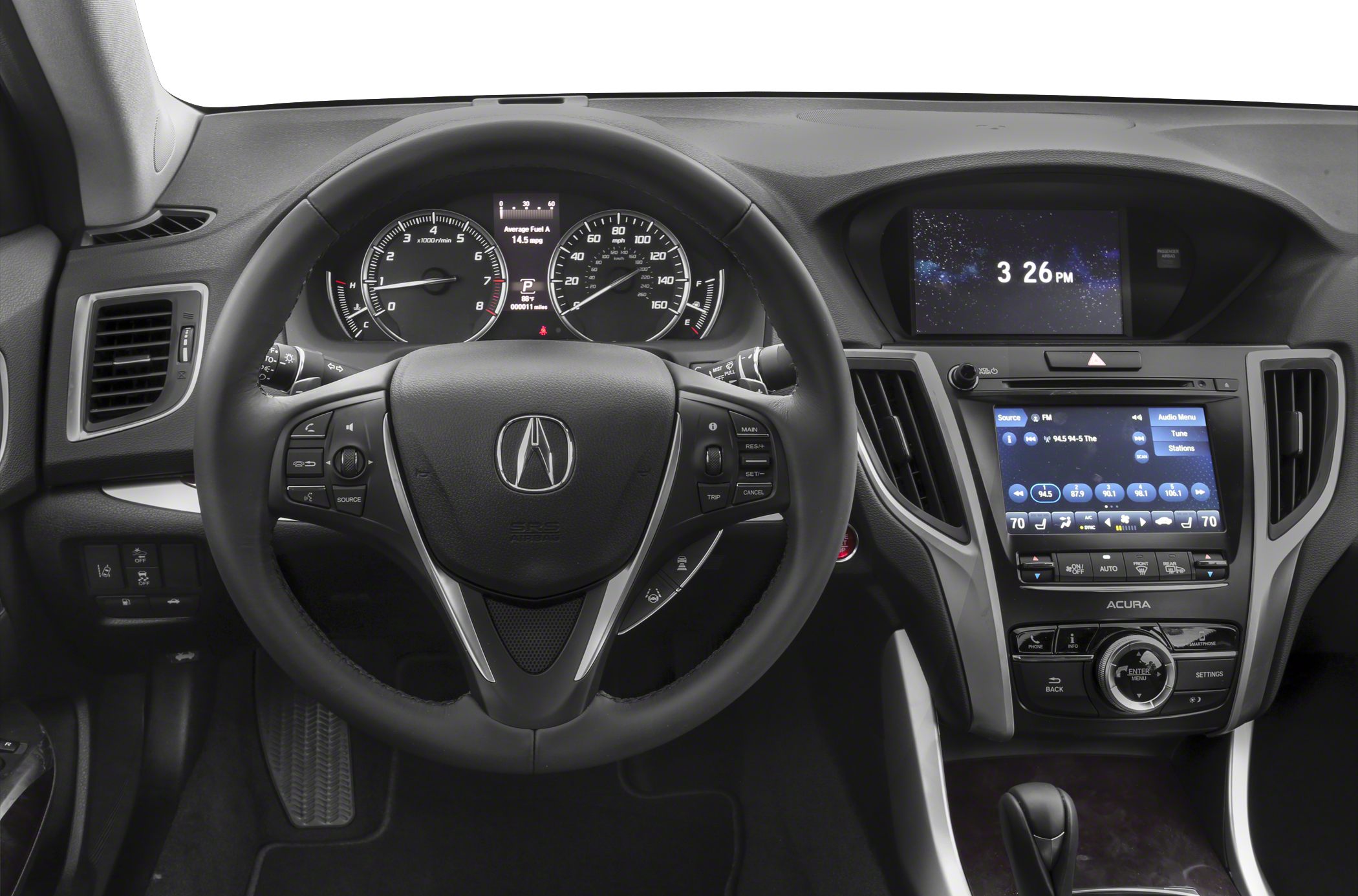 Dashboard with dual infotainment screens and multifunction steering wheel