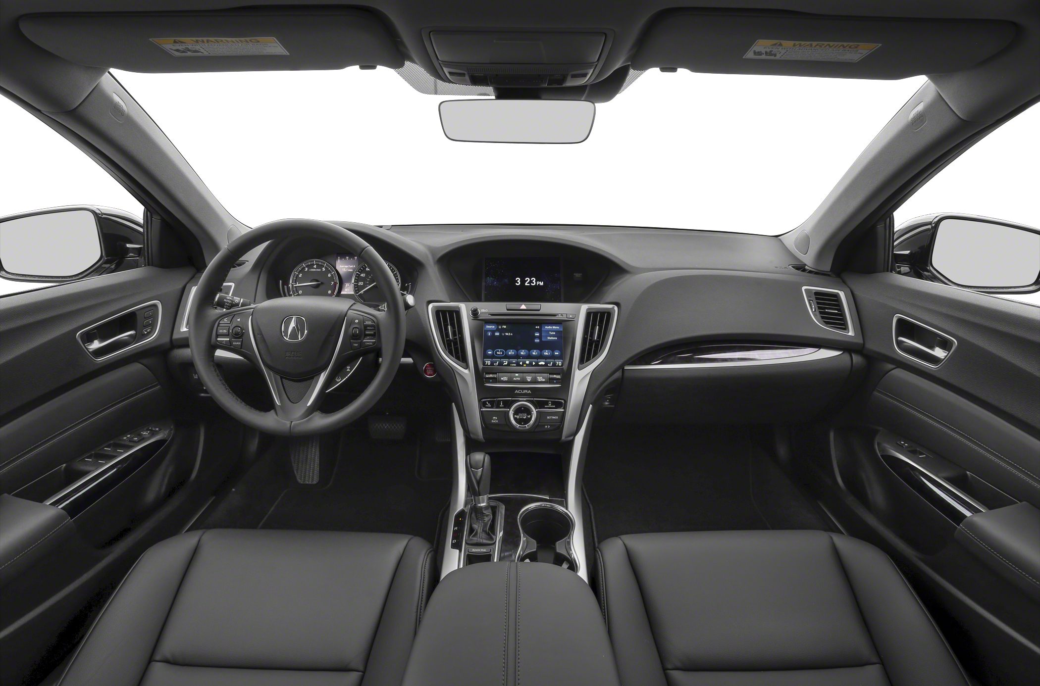 Modern car interior with dashboard, steering wheel, and infotainment system