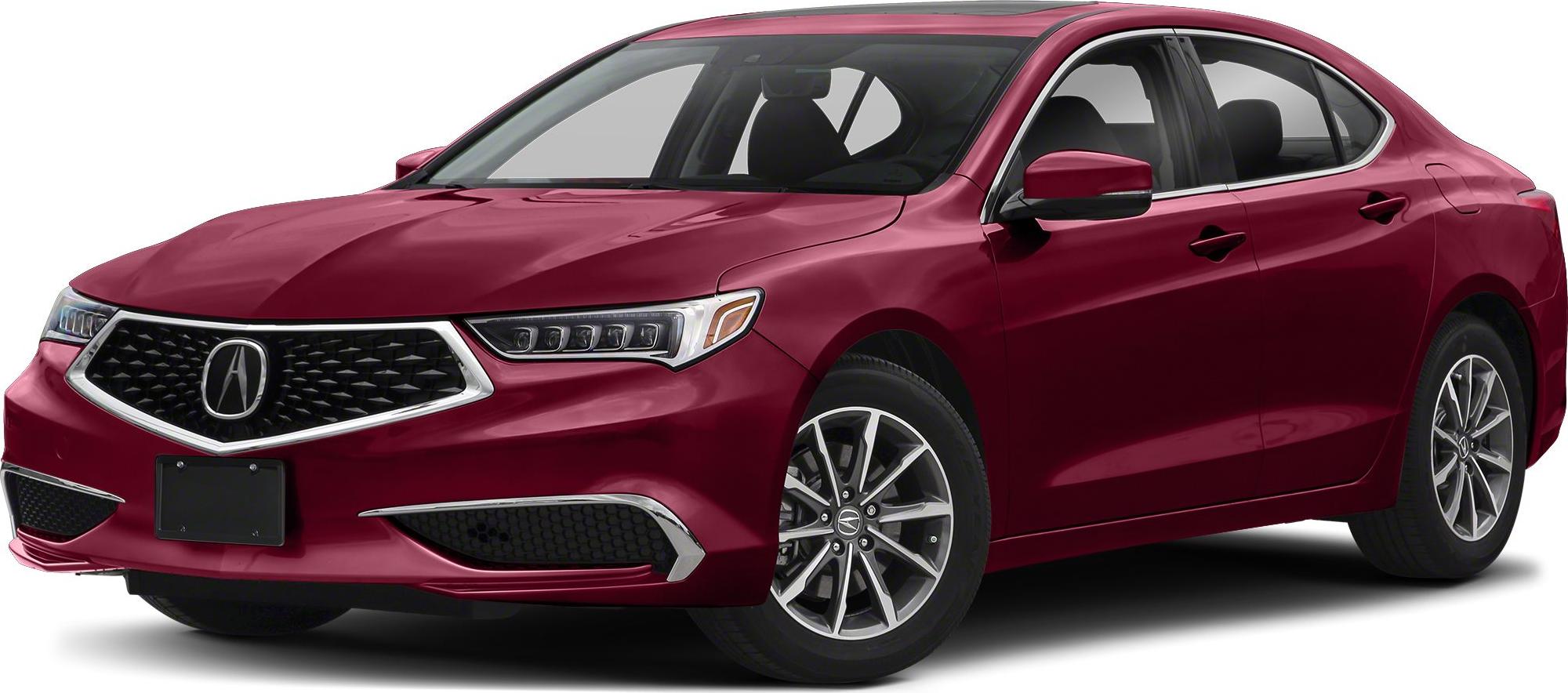 Front and side view of a red sedan with alloy wheels and LED headlights