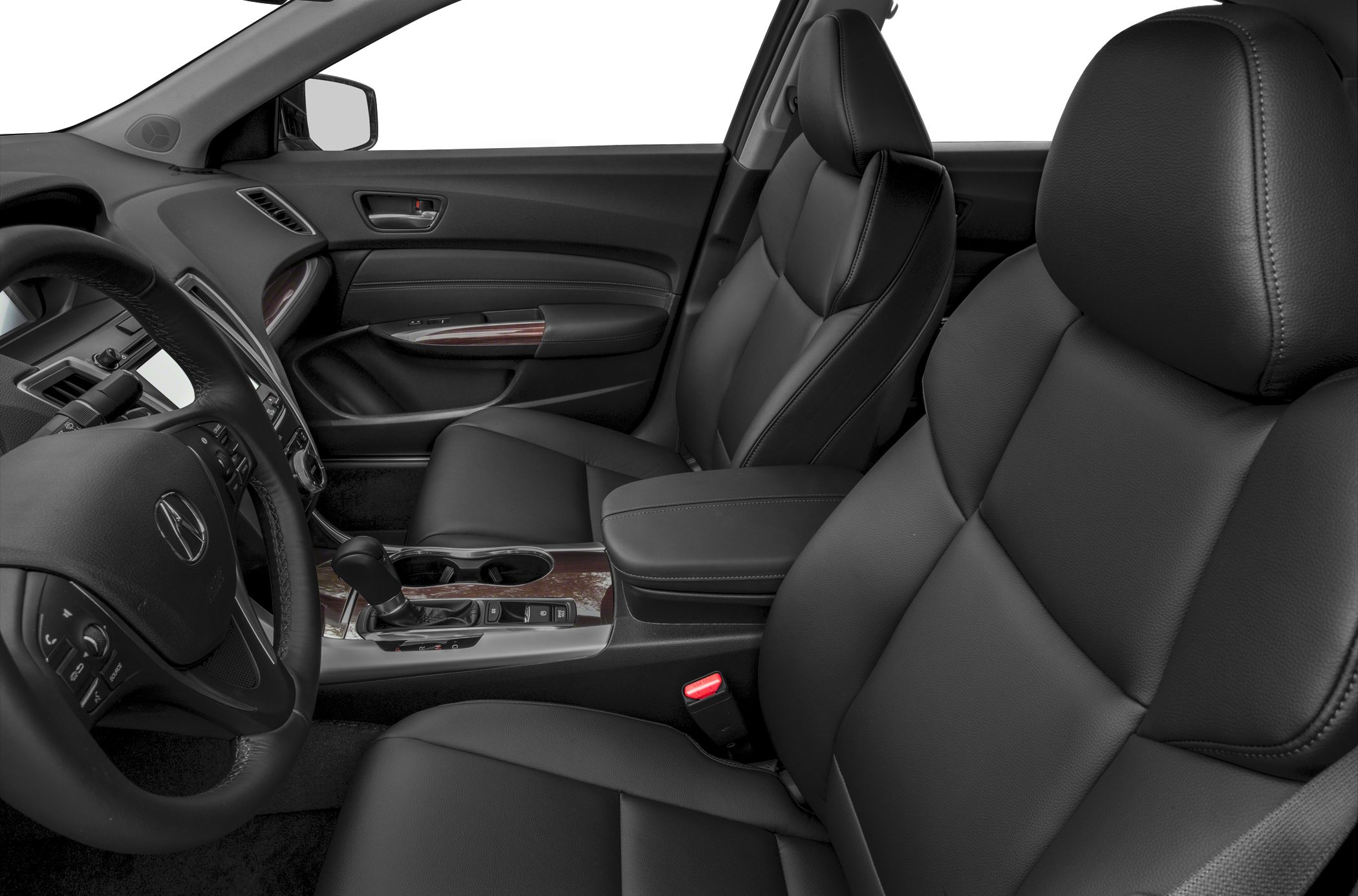 Black leather seats and center console with gear shift and cup holders
