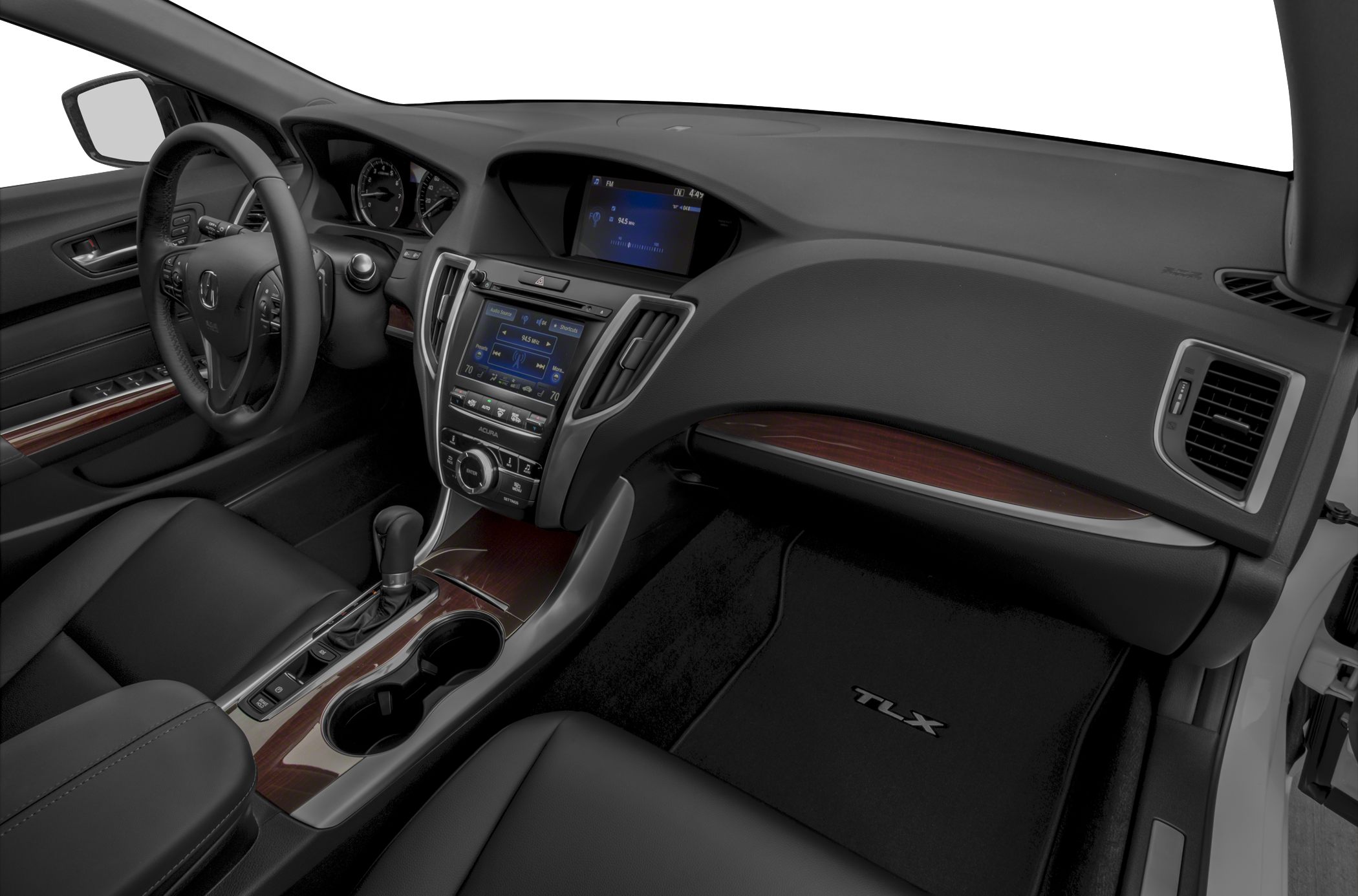 Dual screen infotainment and wood trim dashboard with center console