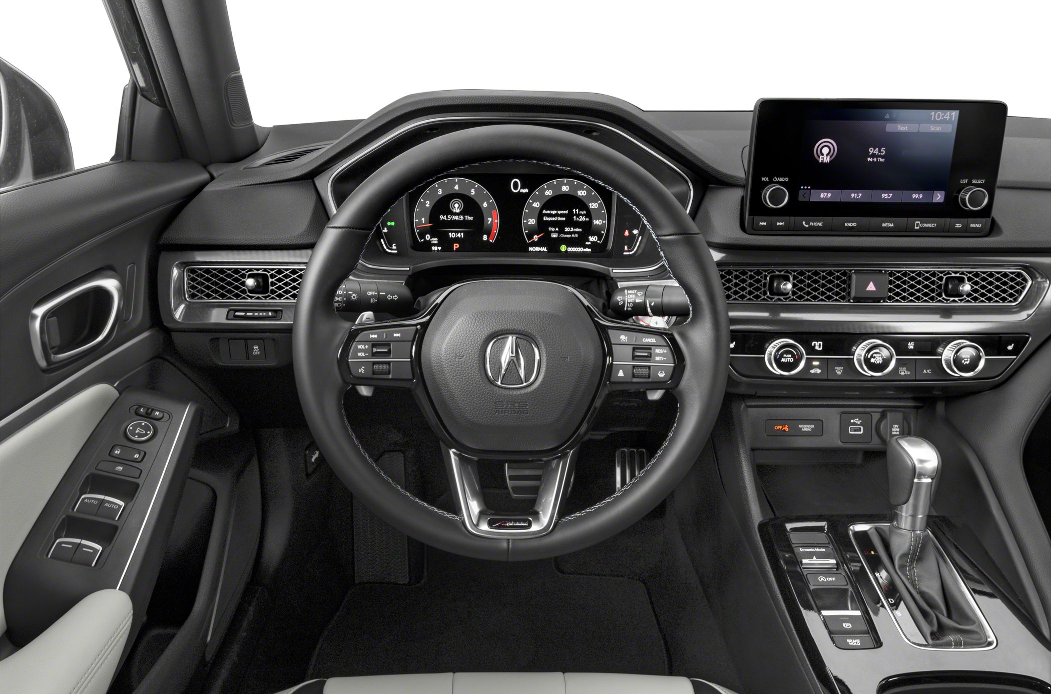 Steering wheel, digital dashboard, infotainment screen, climate control