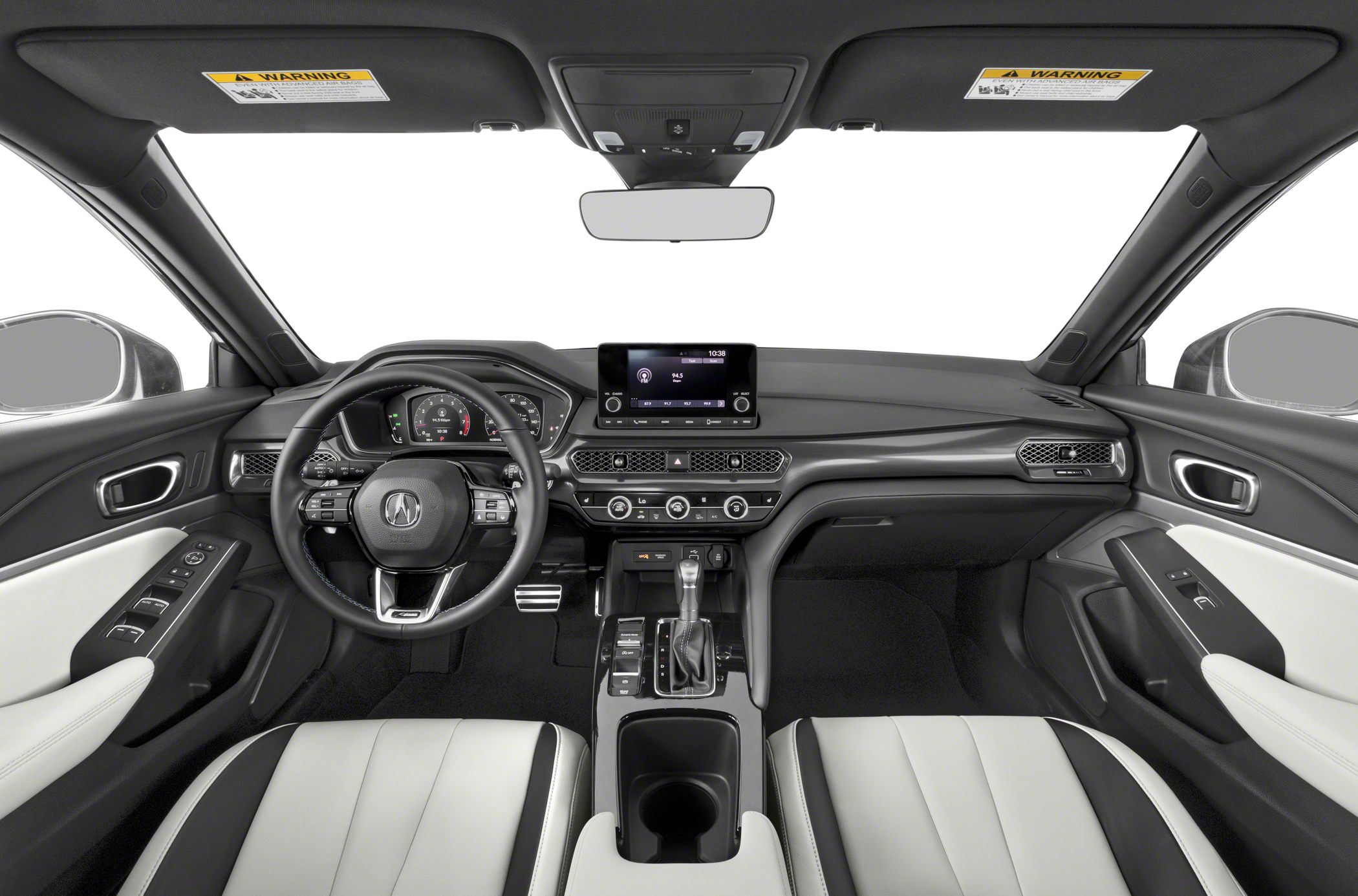 Modern car interior with digital cluster, touchscreen, and sporty steering wheel