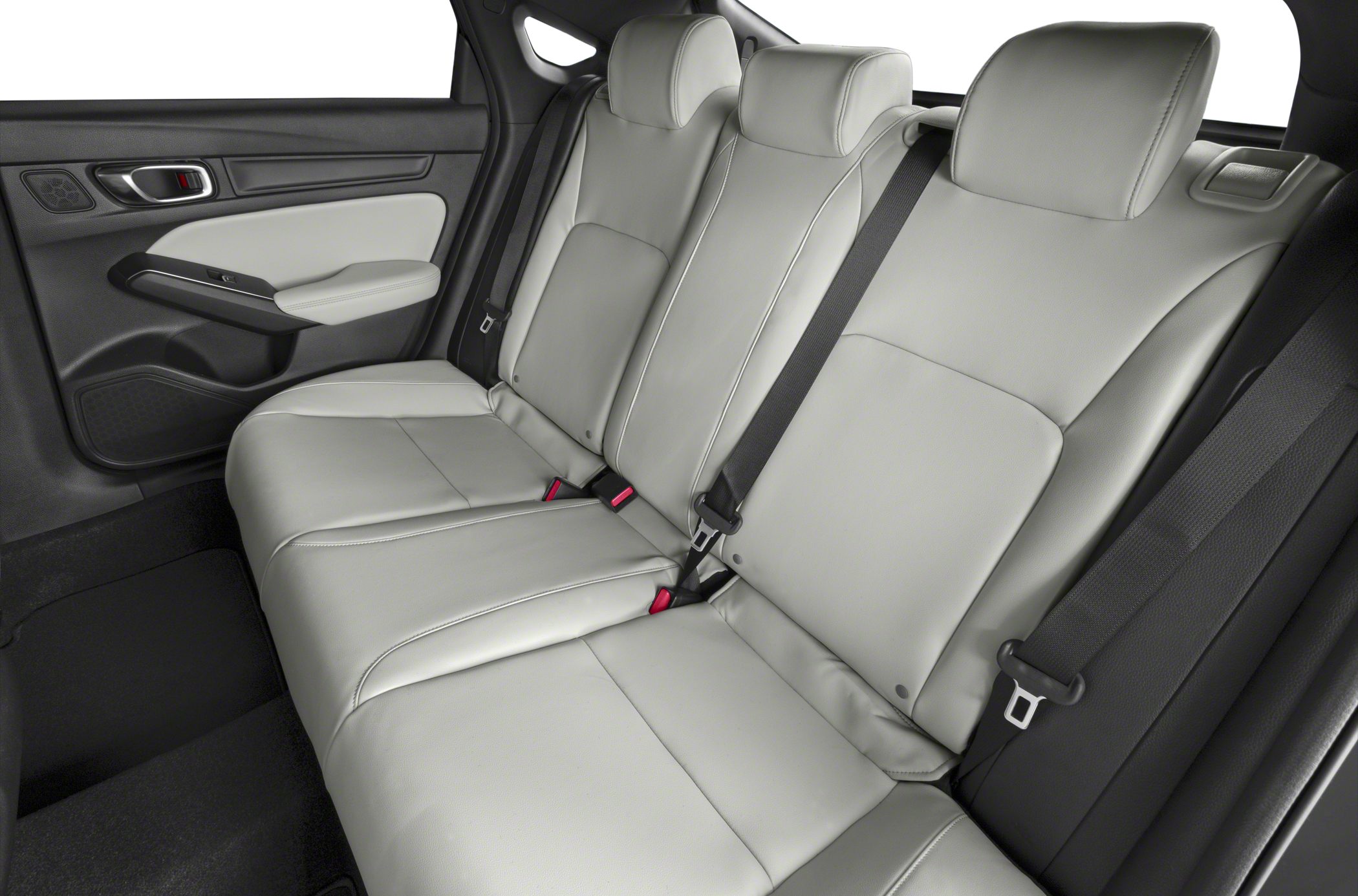 Spacious rear leather seats with headrests and seatbelts
