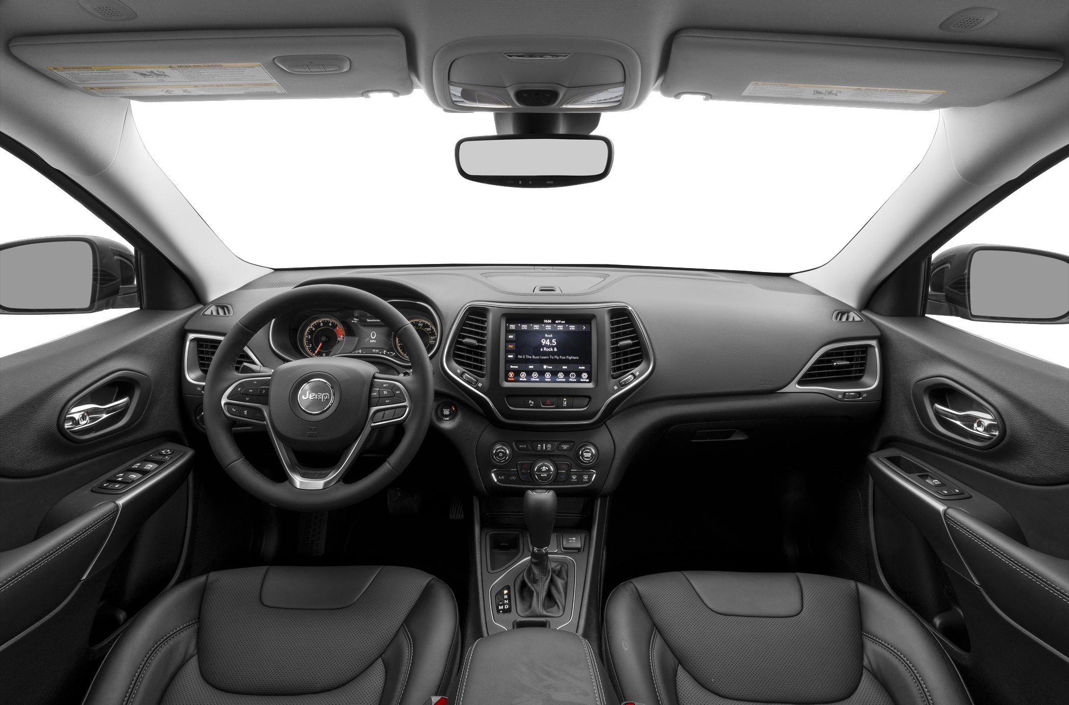 Dashboard, steering wheel, and infotainment display in black leather interior