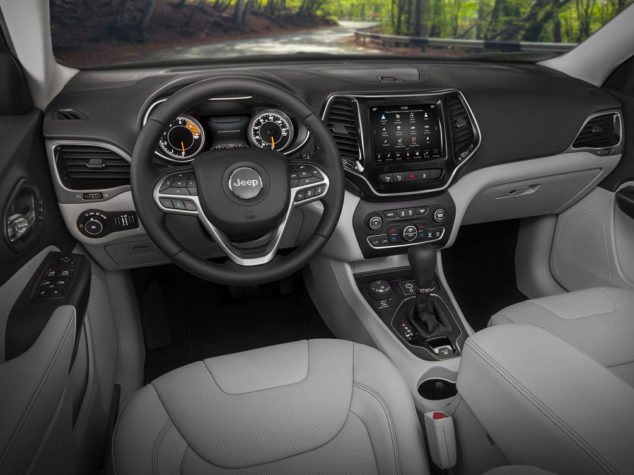 Steering wheel, dashboard with instrument cluster and touchscreen infotainment