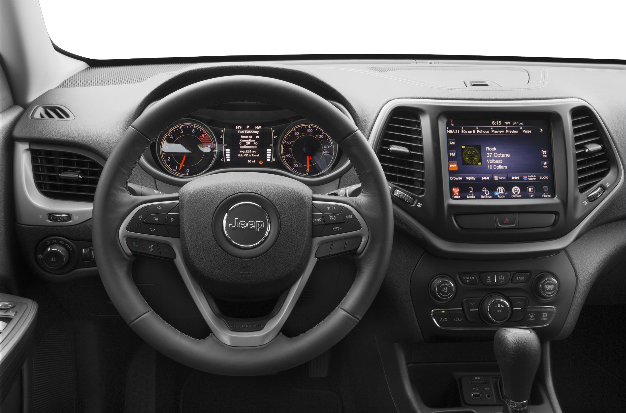 Steering wheel, instrument cluster, and touchscreen infotainment system