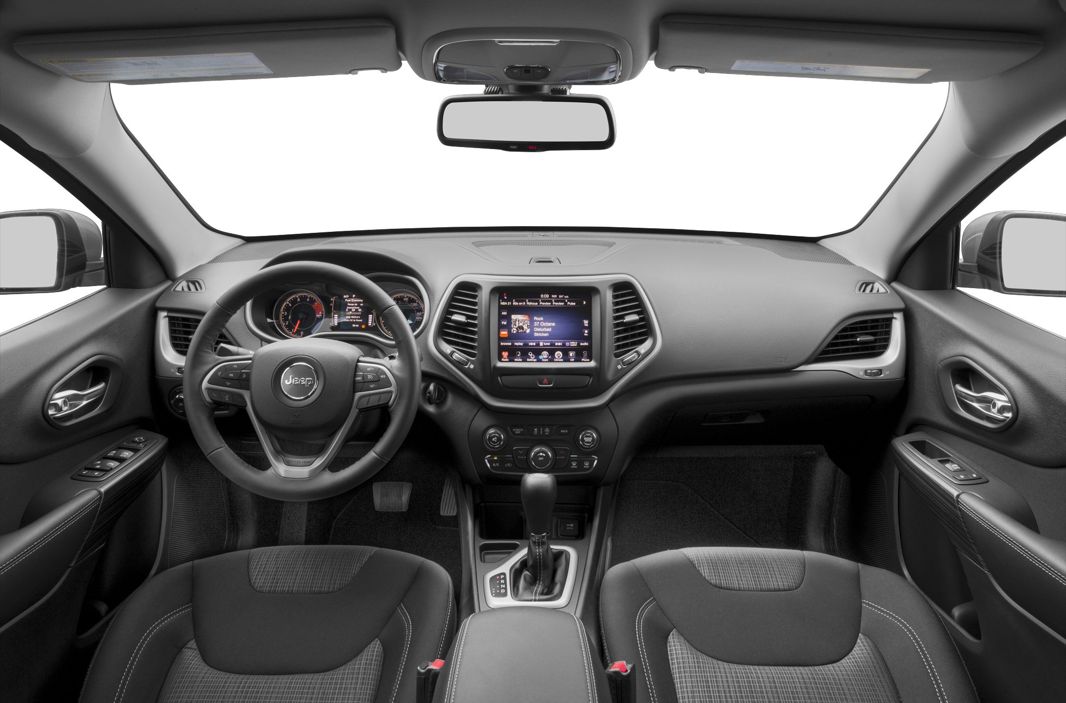 Car interior dashboard, steering wheel, center console