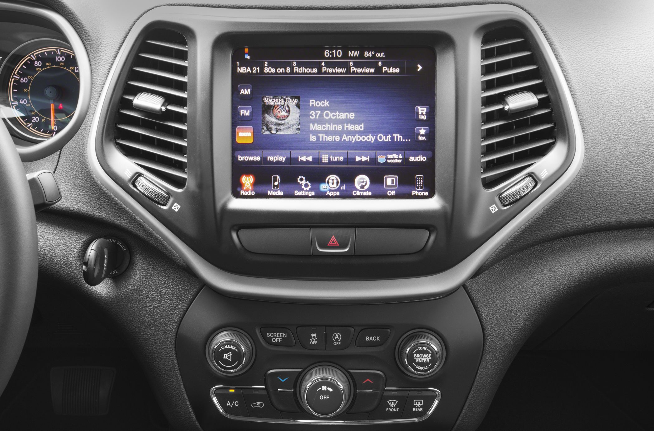 Touchscreen infotainment and climate control panel with audio and climate buttons