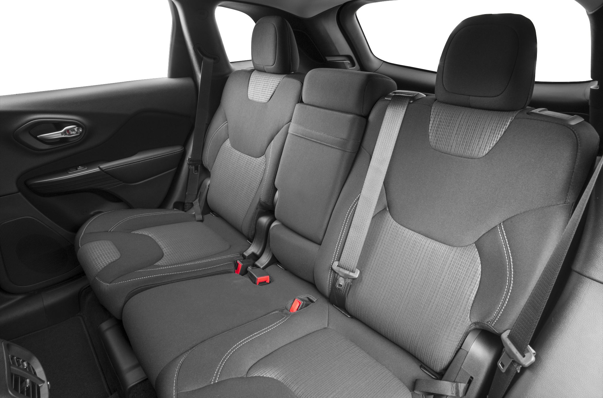Rear seat fabric upholstery with seatbelts and door interior panel