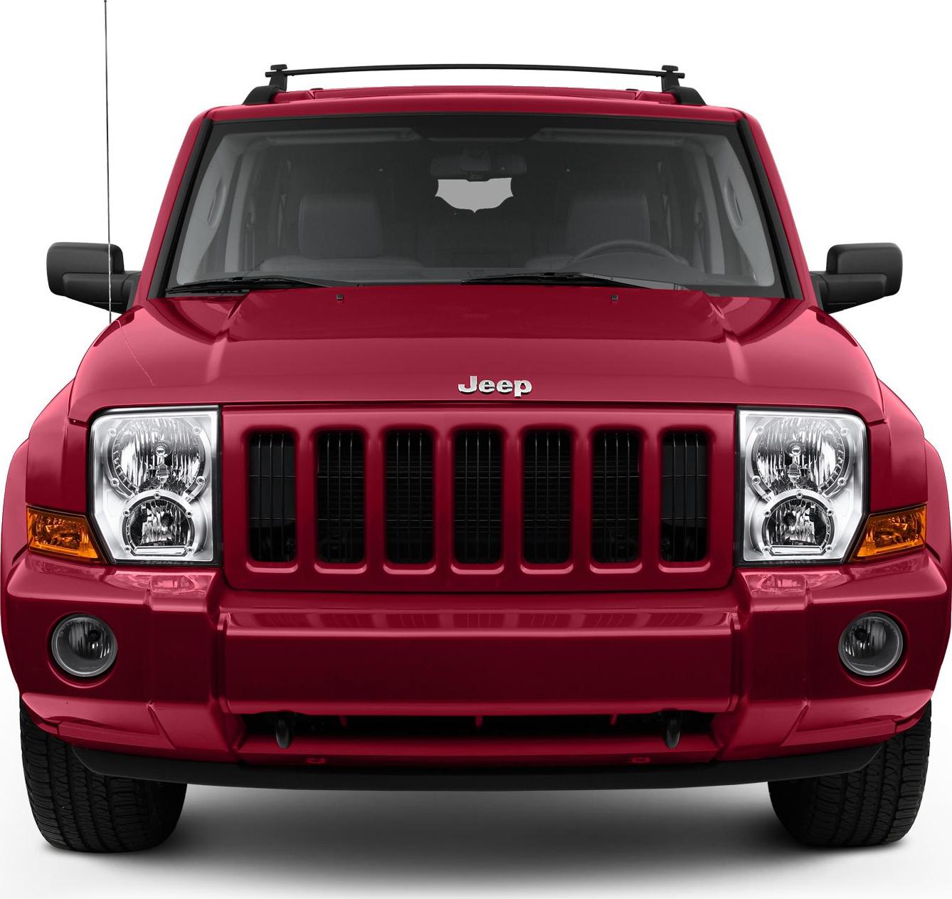 Red SUV front with seven-slot grill and dual headlight assemblies
