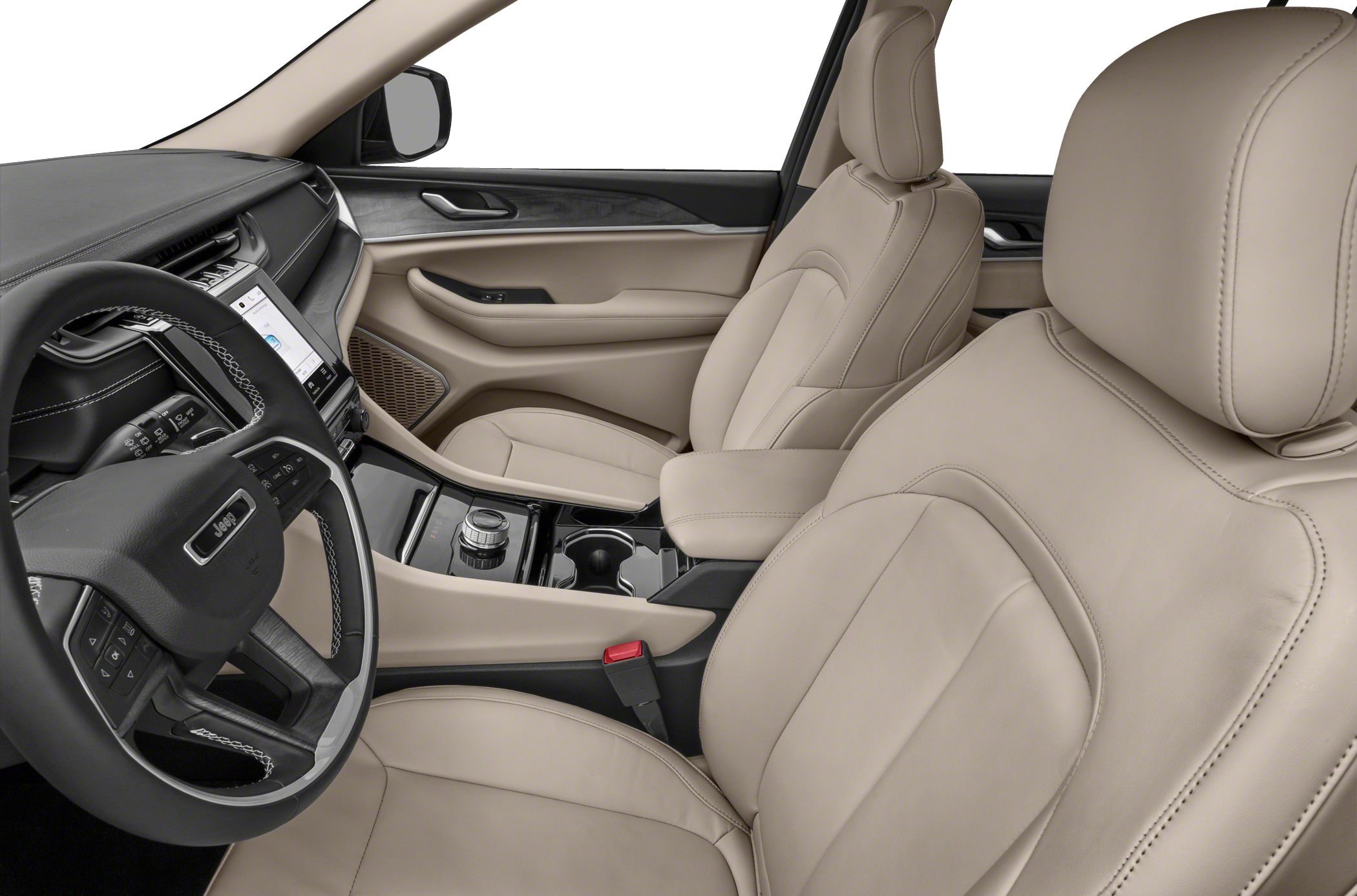 Beige leather seats and modern dashboard with touchscreen