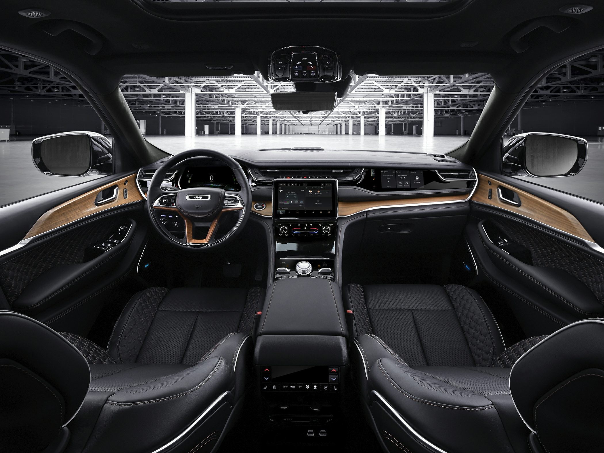 Digital dashboard, touchscreen control panel, wood-accented modern SUV interior
