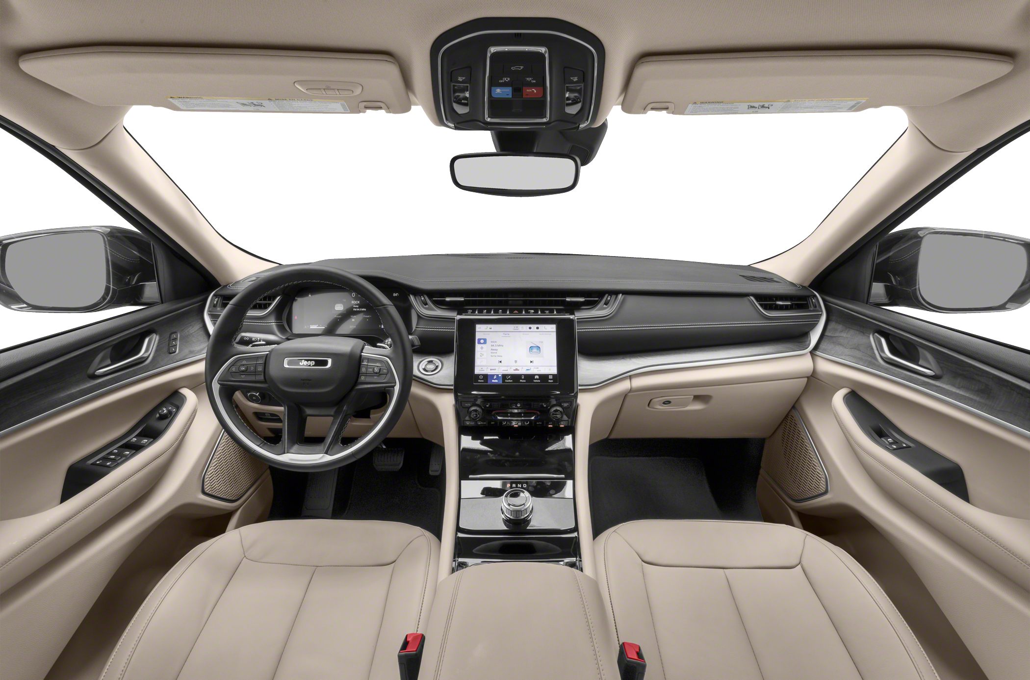Luxury SUV interior with touchscreen center console and leather seats