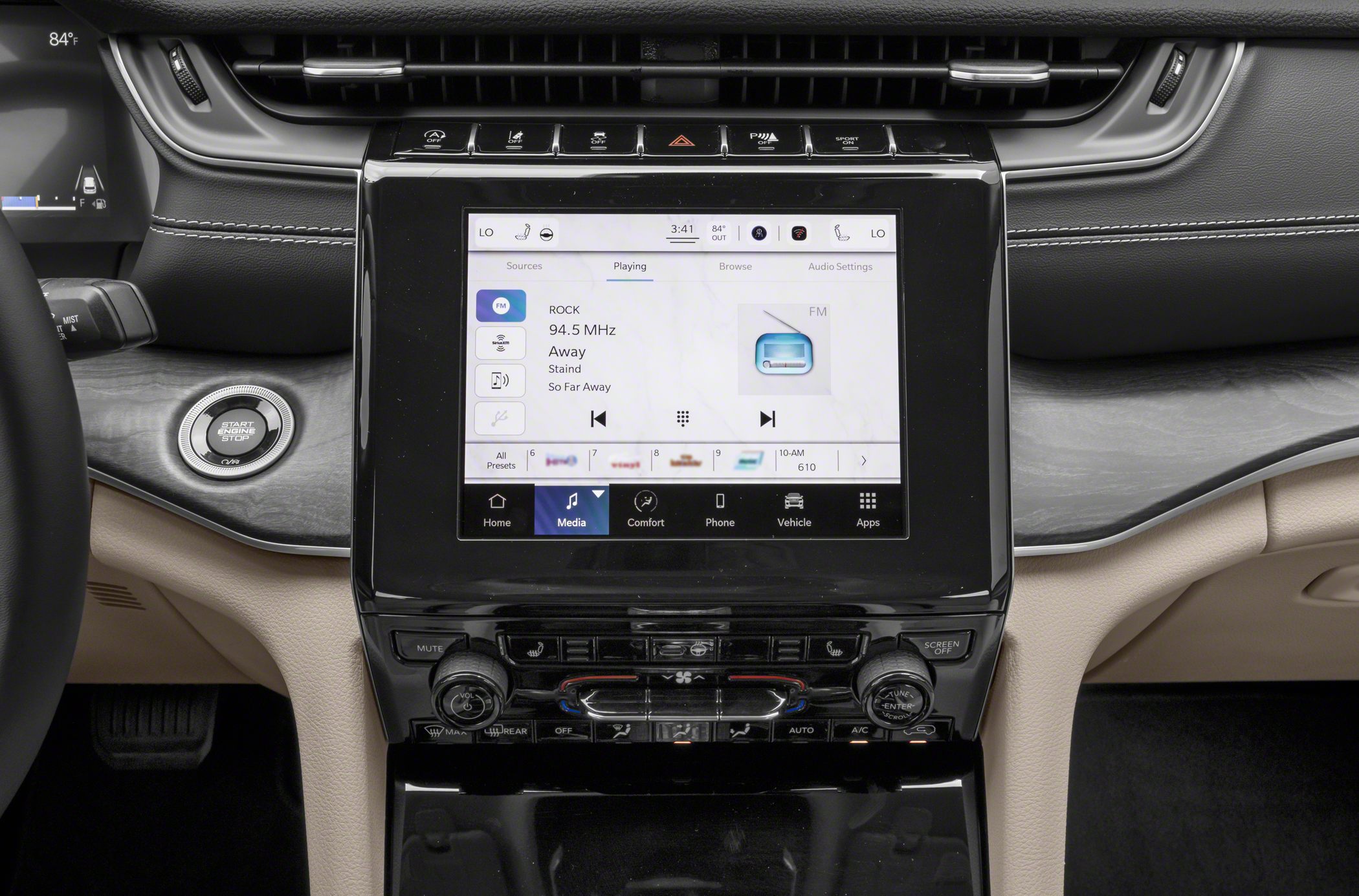 Touchscreen infotainment with media controls and digital climate interface