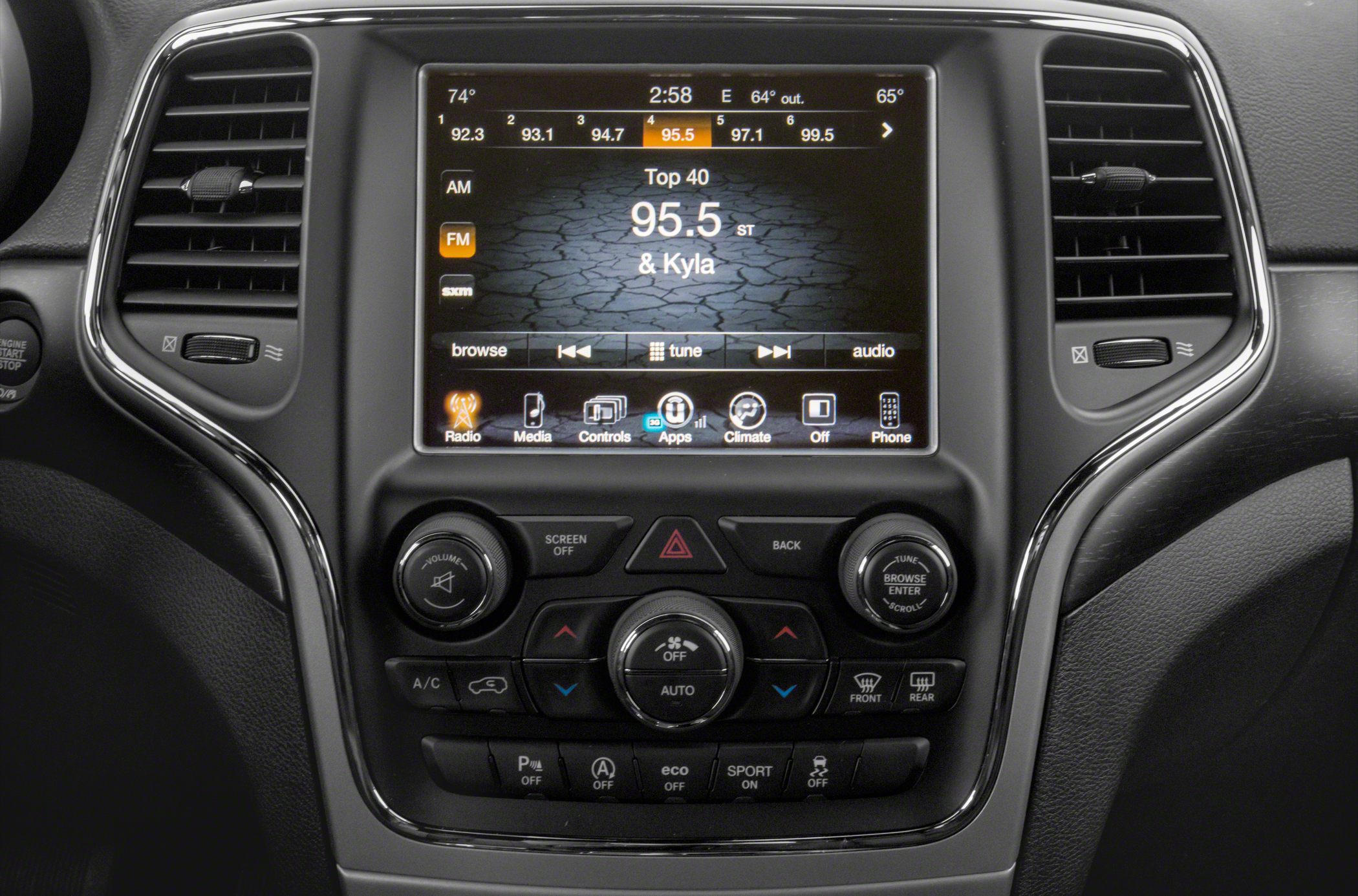 Center touchscreen with radio, climate, and media controls