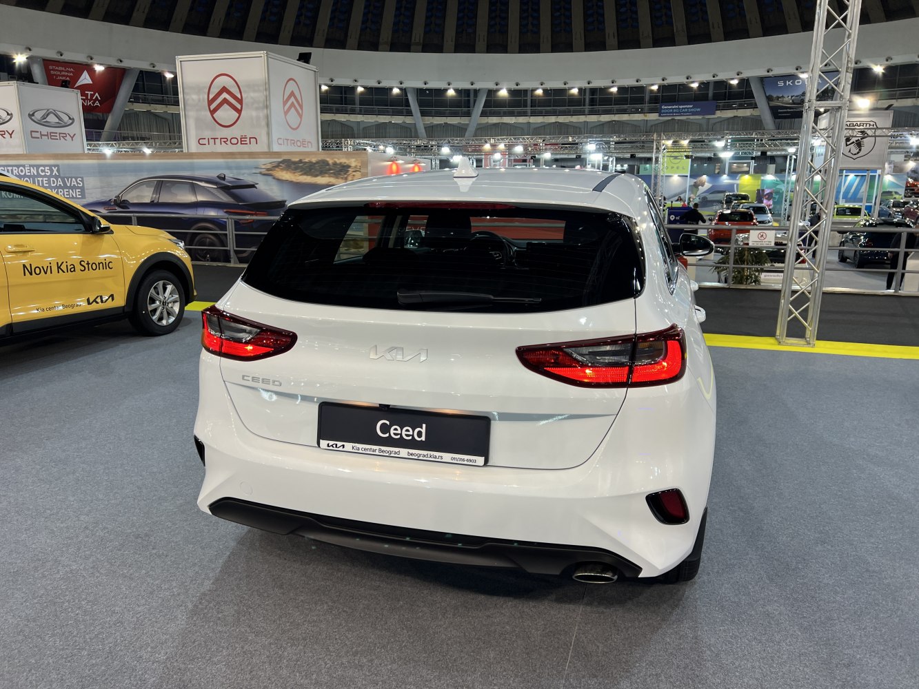 Rear view of a white hatchback with modern taillights and sleek bumper design.