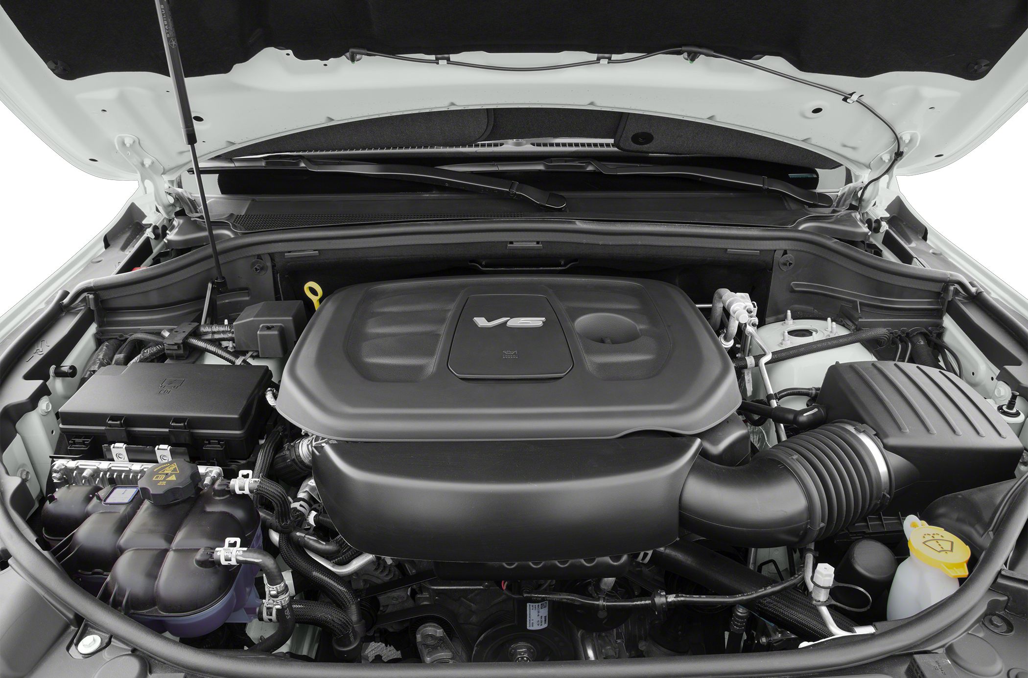 V6 engine bay with prominent engine cover and air intake system