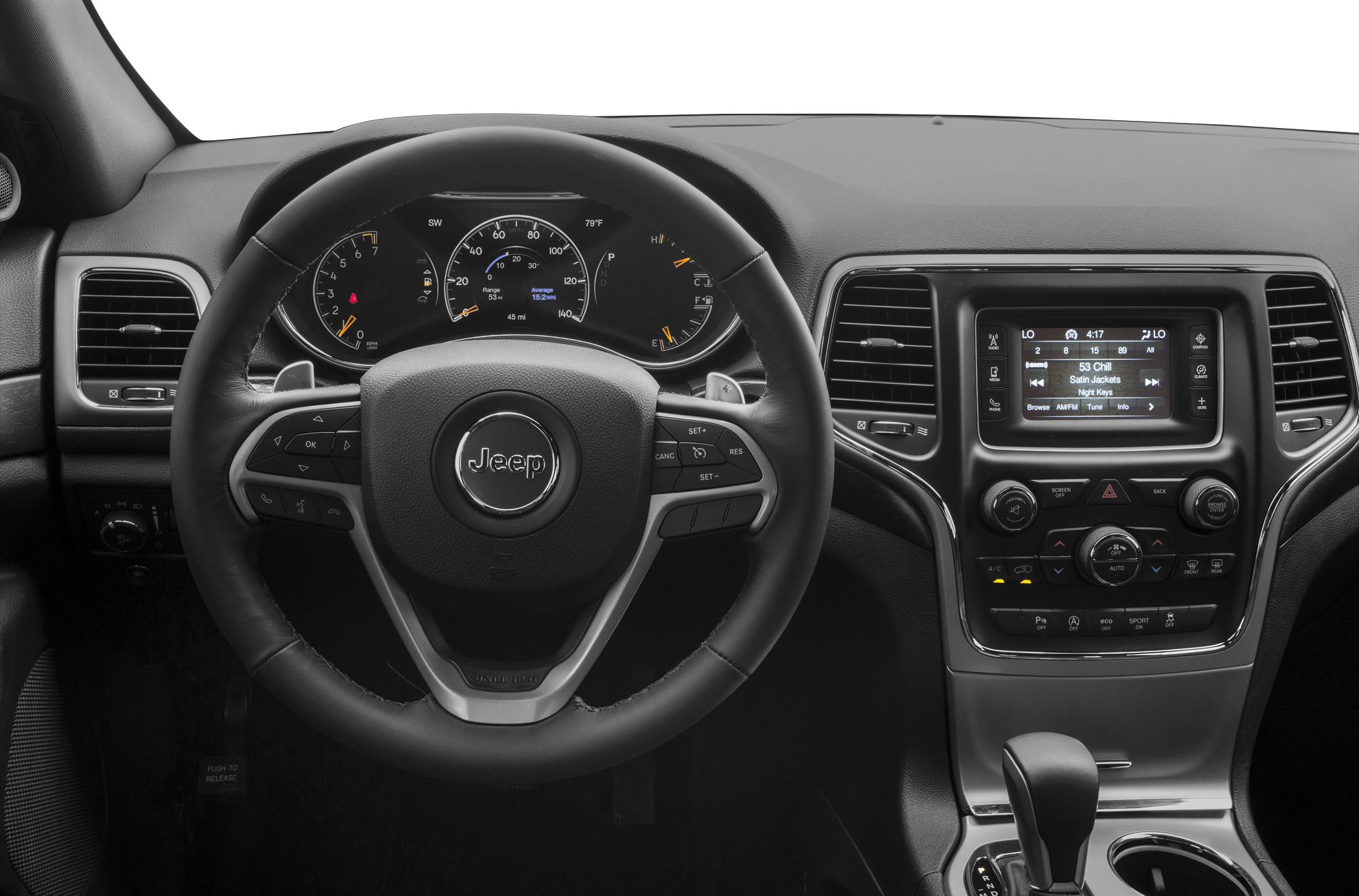 Steering wheel and central dashboard with infotainment and controls
