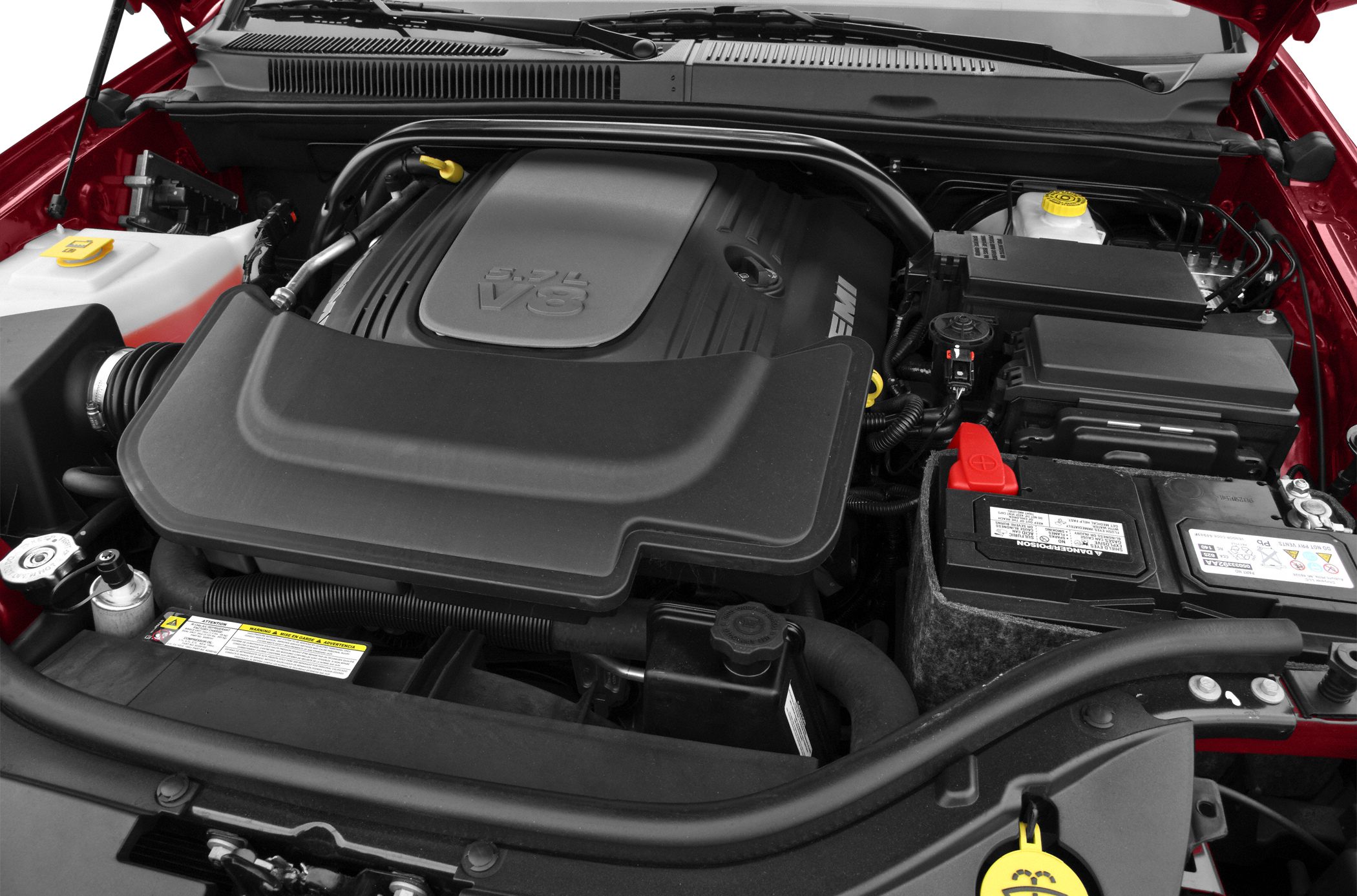 5.7L V8 HEMI engine bay with engine cover and battery