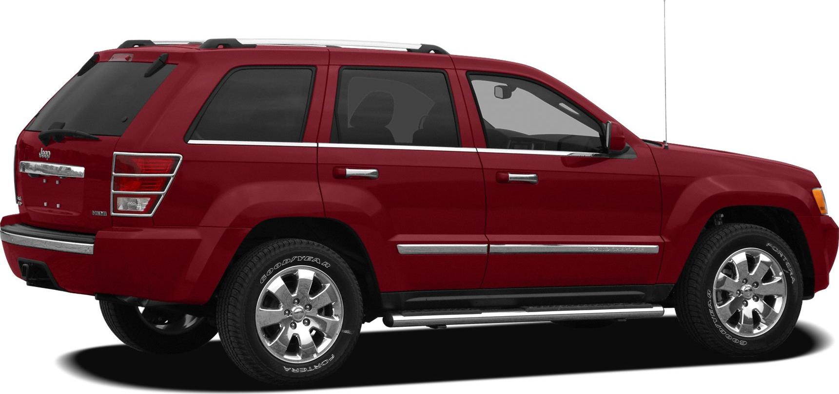 Red SUV side view with chrome trim, alloy wheels, roof rails, and side steps