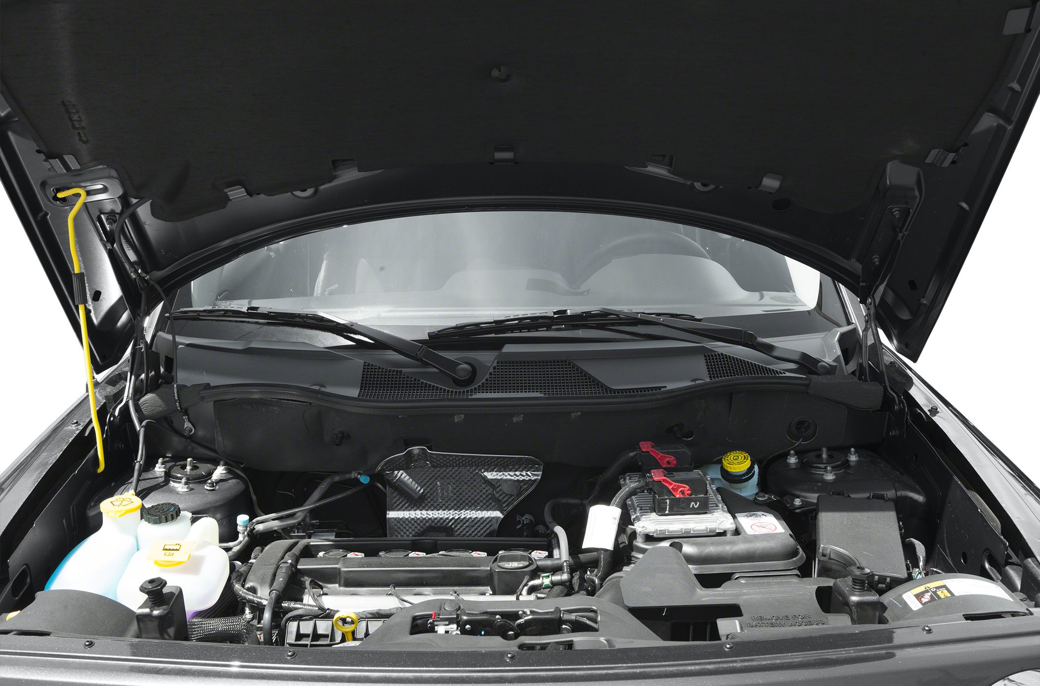 Engine compartment with mechanical components and dipstick