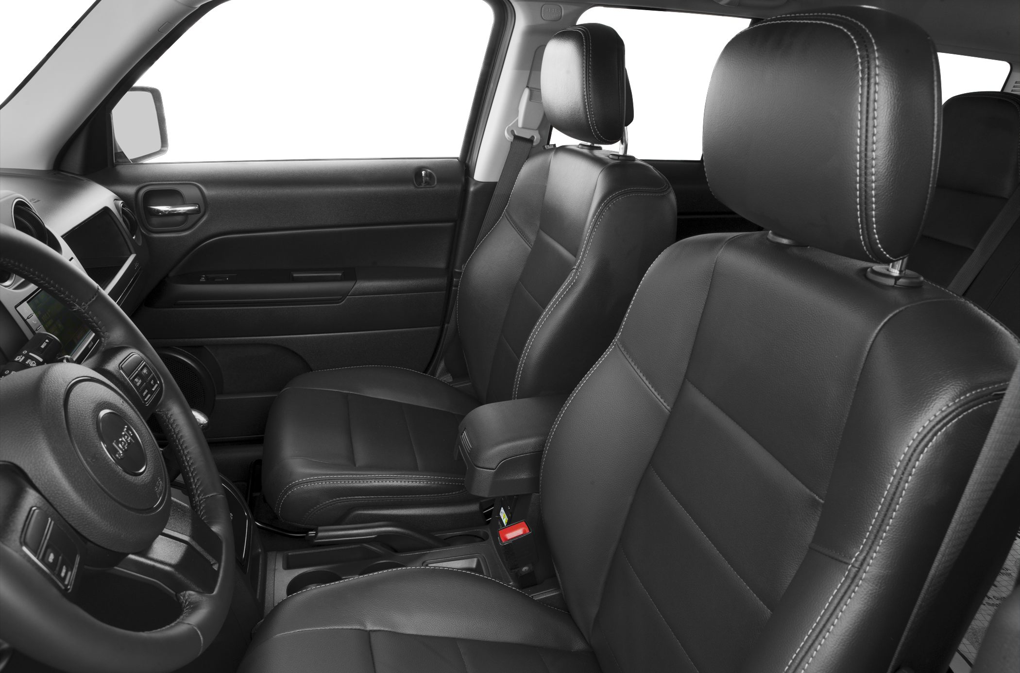 Black leather front seats and dashboard interior close-up