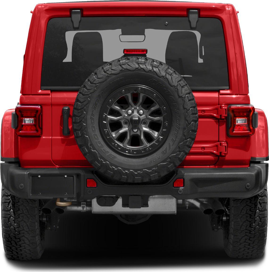 Rear view with mounted spare tire and tail lights