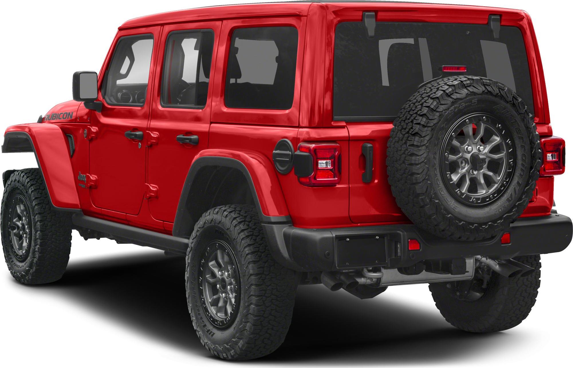 Red off-road SUV with spare rear tire and four doors