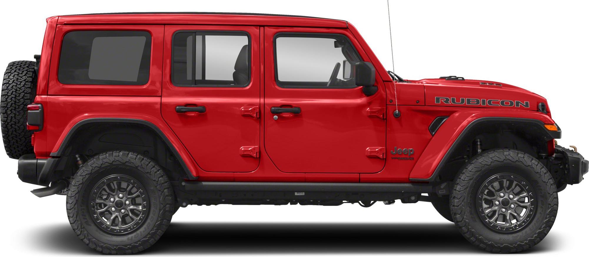 Side view of red 4-door SUV with off-road tires and rugged design