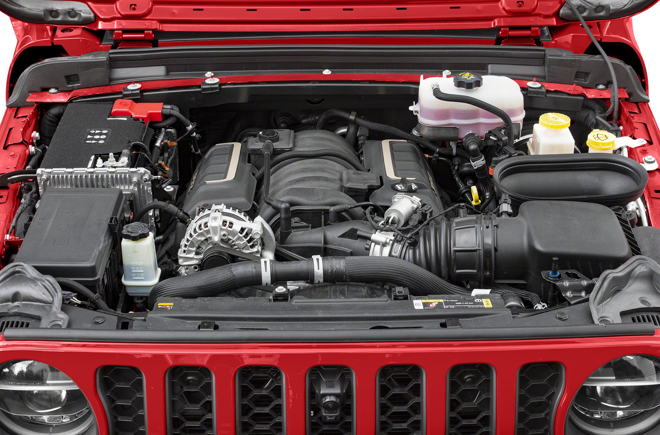 Engine bay with visible engine and fluid reservoirs under open hood