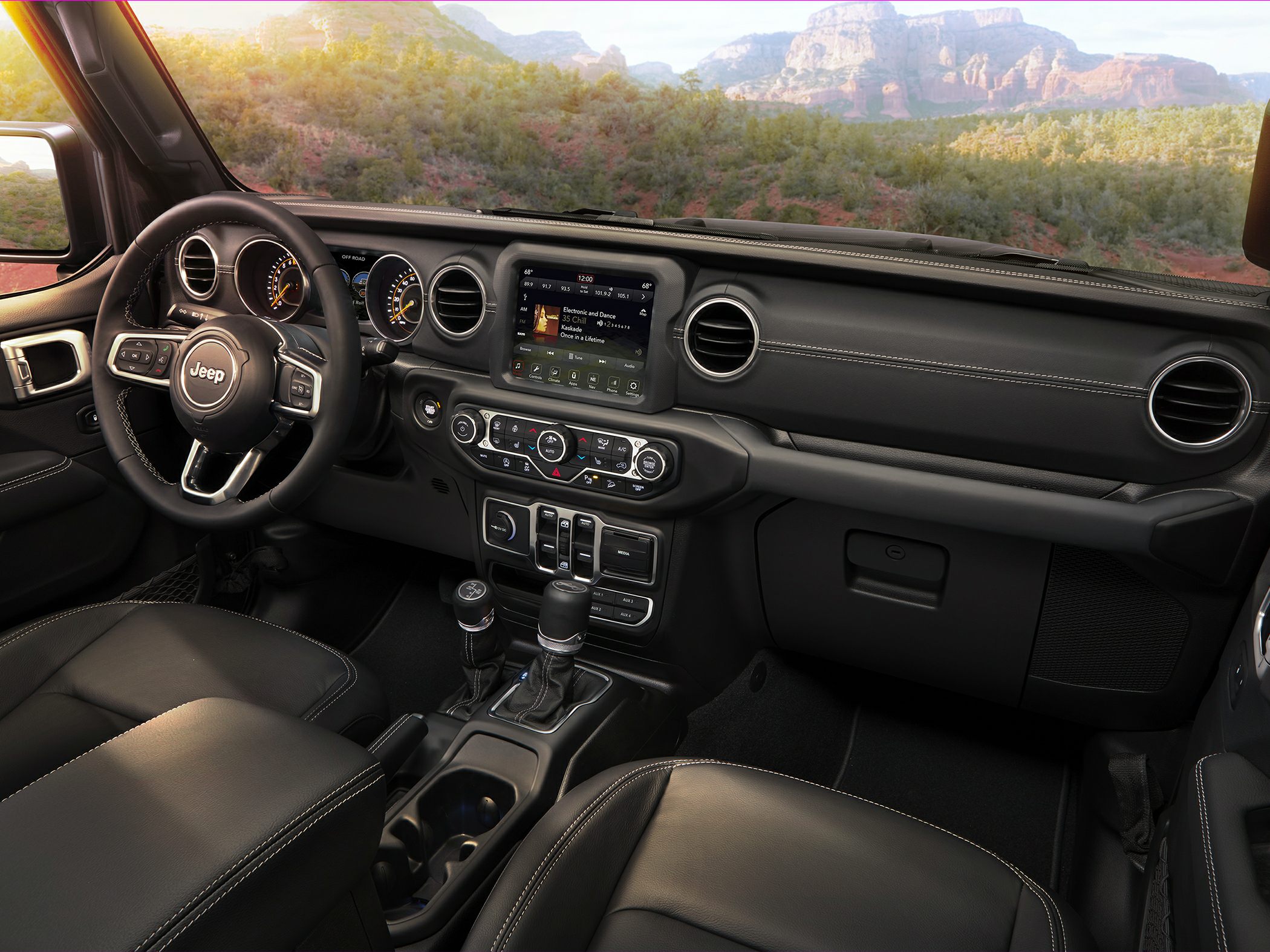 Modern SUV cabin with touchscreen and multifunction steering wheel