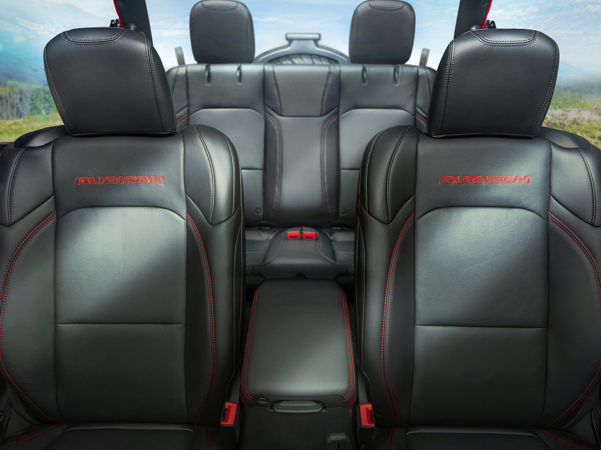 Black leather seats with red stitching and Rubicon embroidery