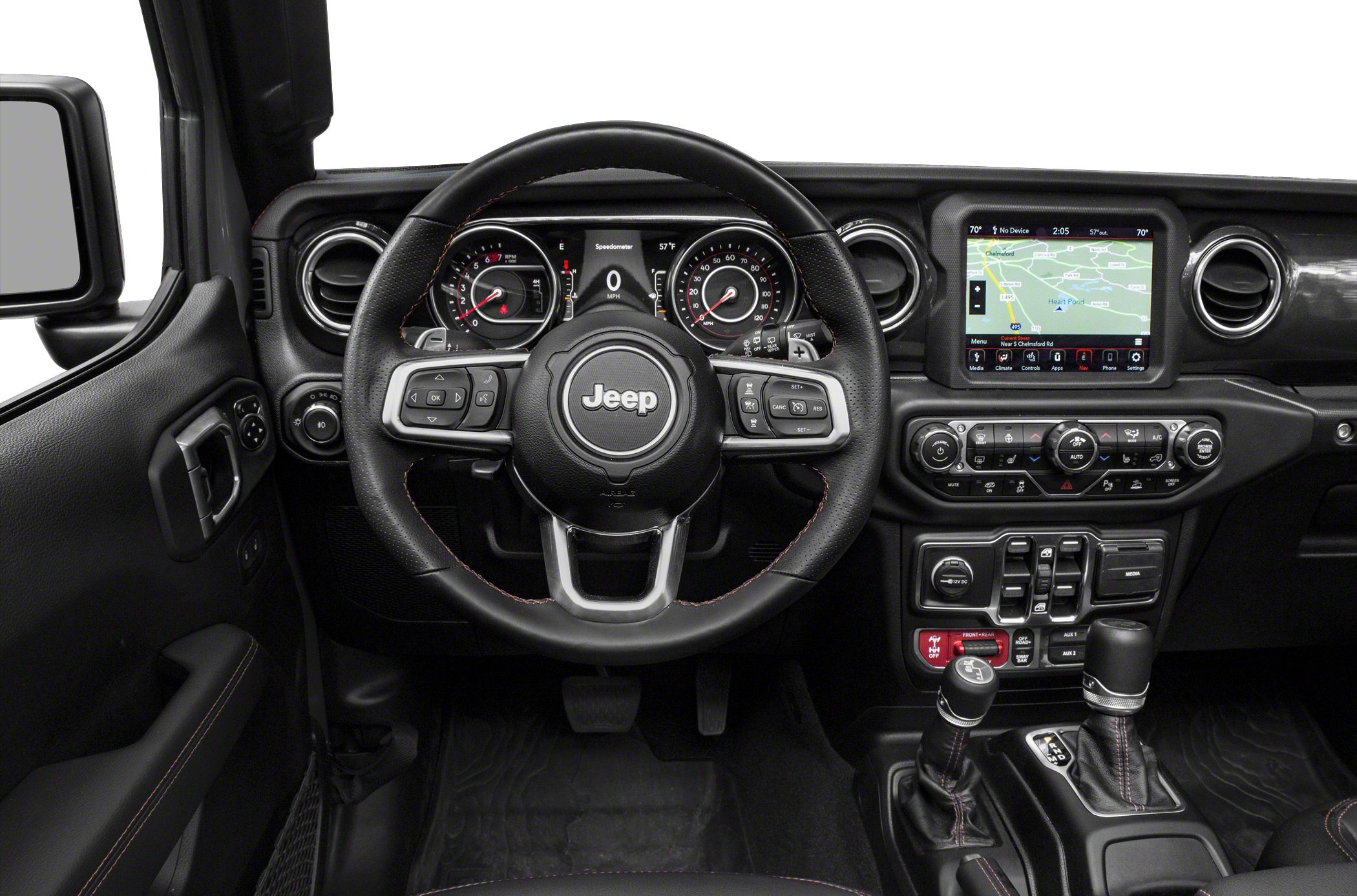 Steering wheel, dashboard cluster, touchscreen navigation