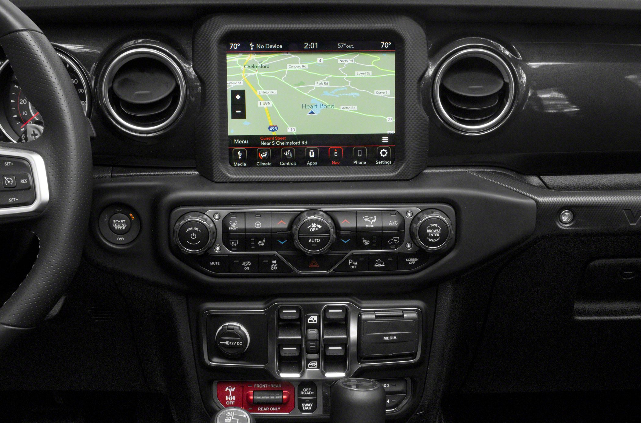 Dashboard with touchscreen navigation, climate control, and off-road switches