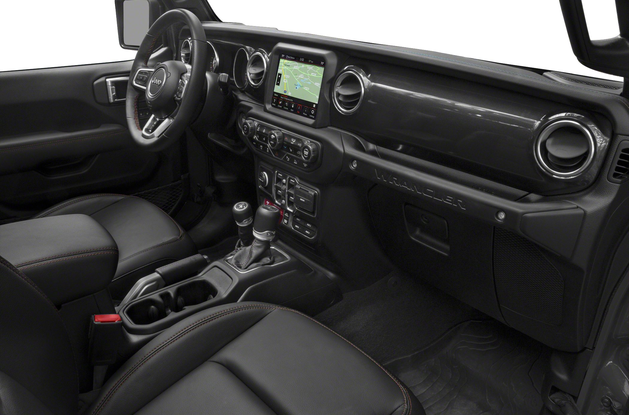 Modern vehicle interior with touchscreen navigation and dual gear shifters