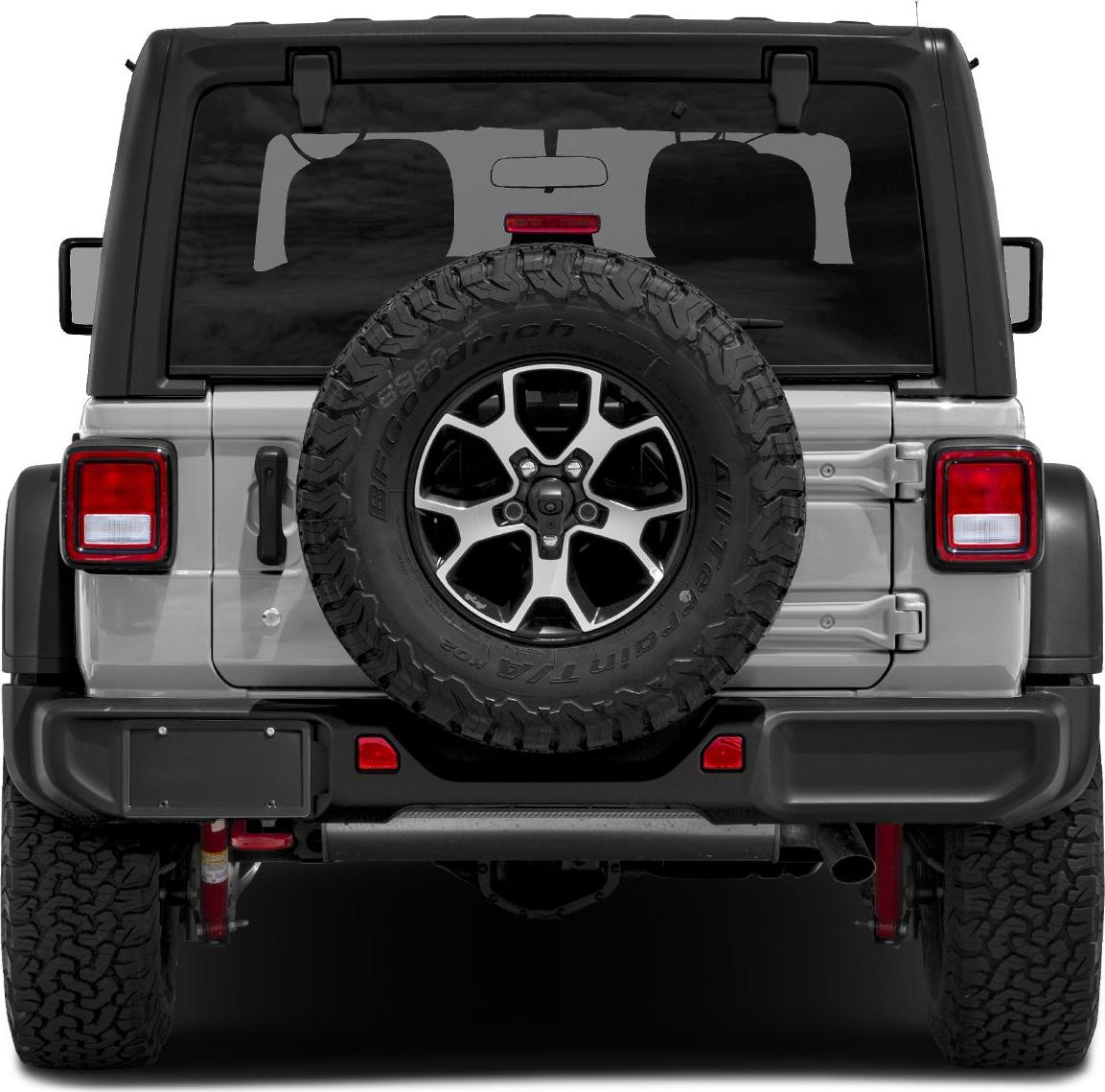 Rear view with spare tire mounted on tailgate and square tail lights.