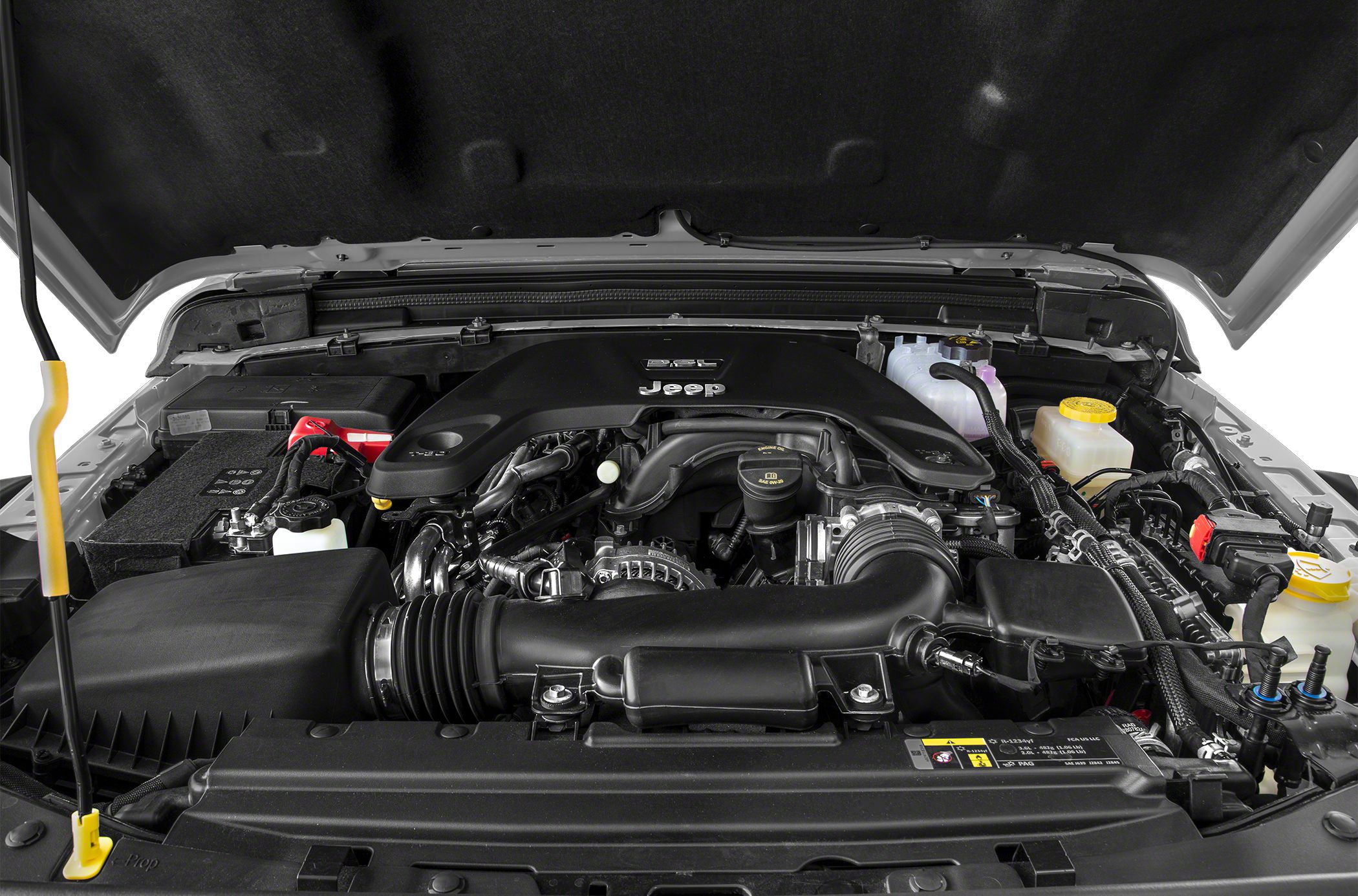 Open engine compartment showing detailed engine components and layout